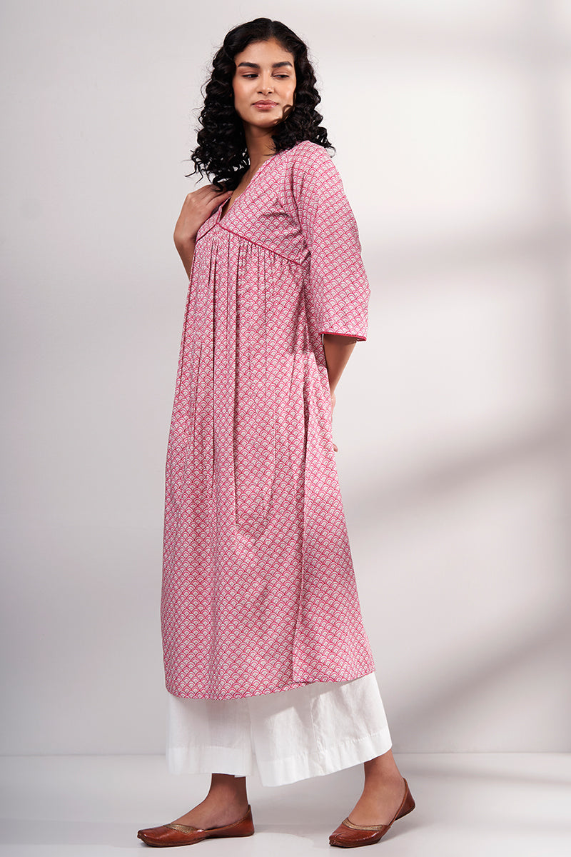 Pink Premium Cotton Printed Kurta With Cotton Bottom