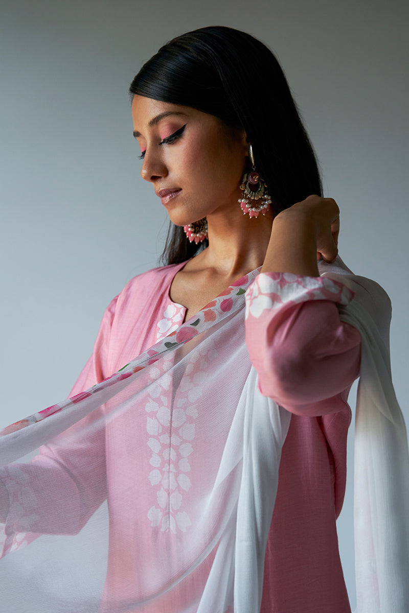 Strawberry Ice Pink and Grey Bemberg Silk Salwar Suit With Delicate Embroidery Detailing