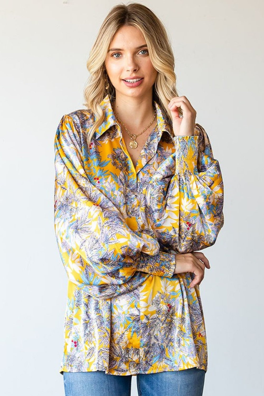 First Love Full Size Floral Lantern Sleeve Blouse