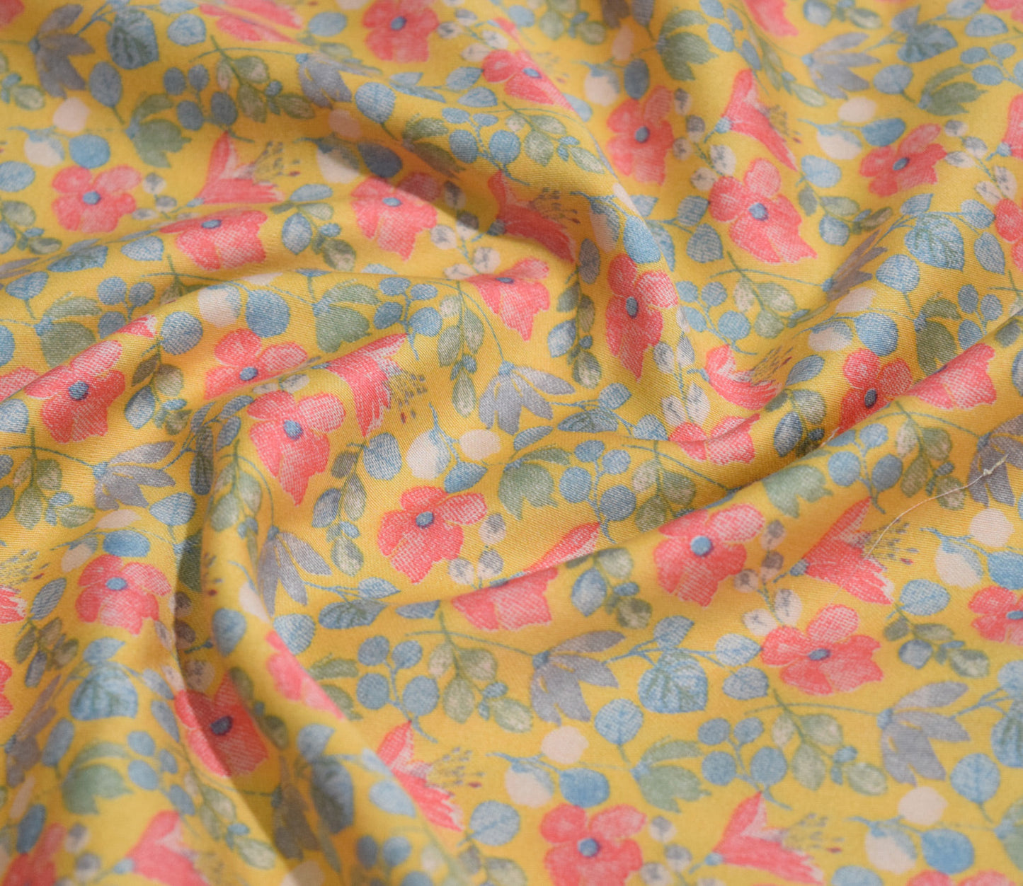 Floral Pattern Screen Printed Cotton Satin Fabric Available in Blue , Yellow, Peach and Grey