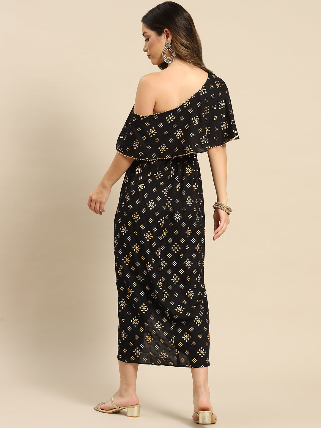 One Shoulder yoke overlap printed dress