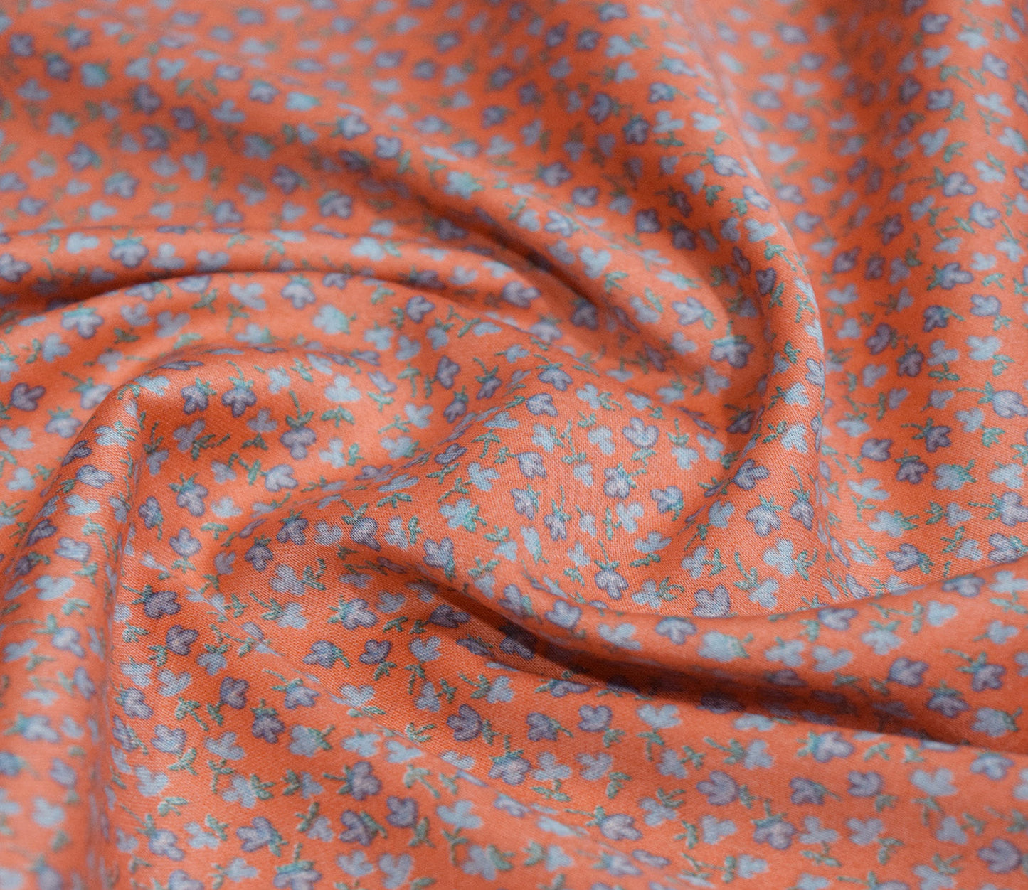 Small Floral Pattern Screen Printed Cotton Satin Fabric Available in Orange , Pink , Blue and Yellow