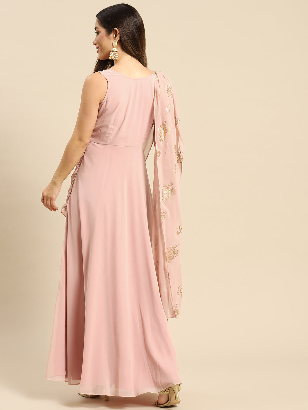 Long flare dress with dupatta drape