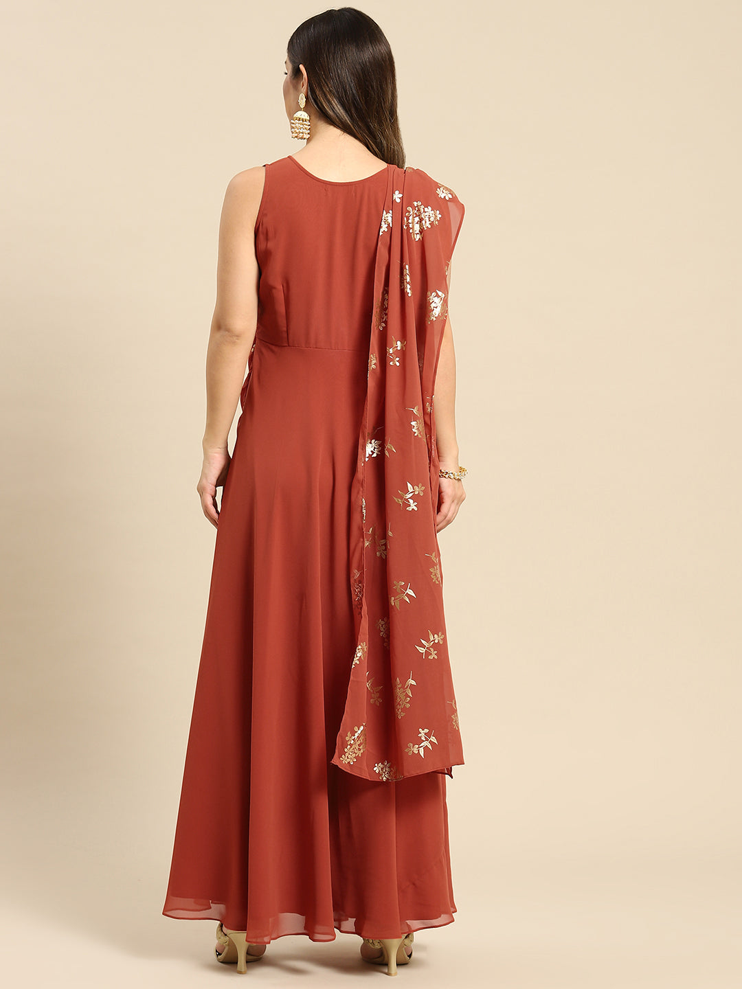 Long flare dress with dupatta drape