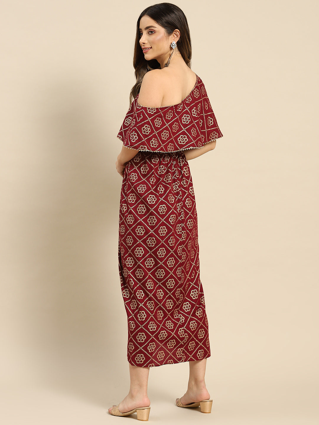 One Shoulder yoke overlap printed dress