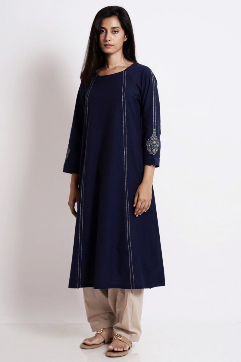 Navy Blue Embroidered Cotton Kurta With Woven Cotton Dupatta