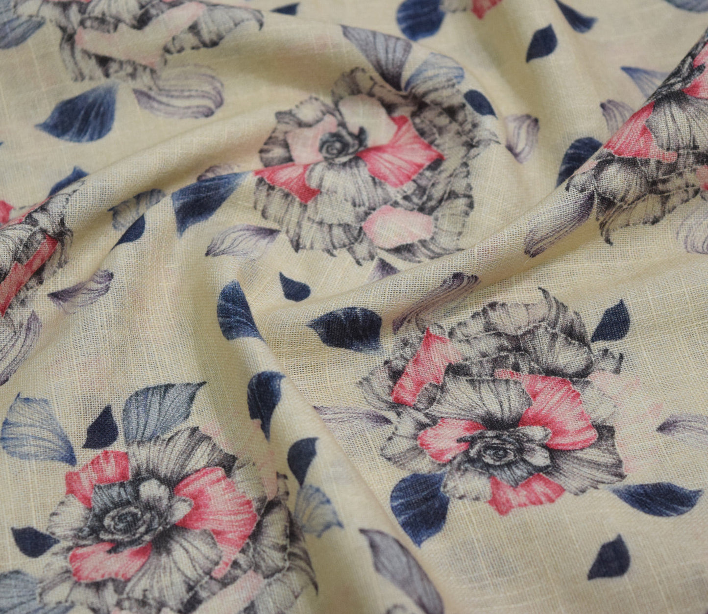 Floral Pattern Digital Printed Cotton Slub Fabric Available in Beige , Pink and Grey