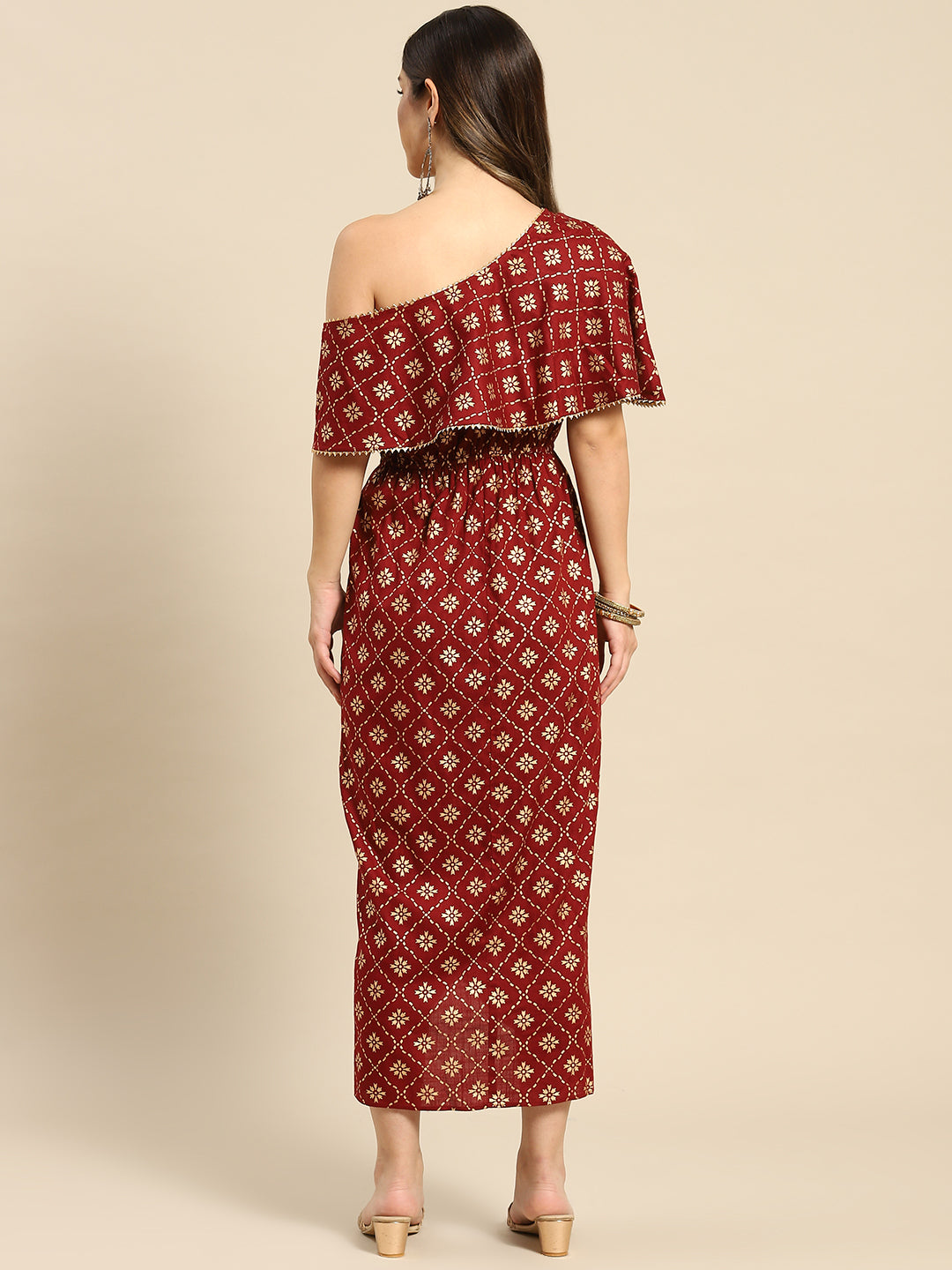 One Shoulder yoke overlap printed dress