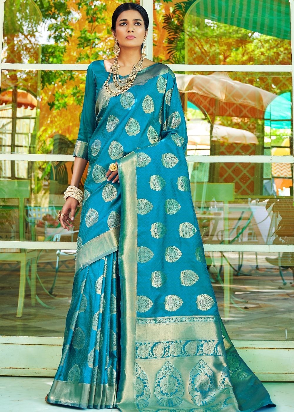 Sky Blue Woven Banarasi Brocade Silk Saree