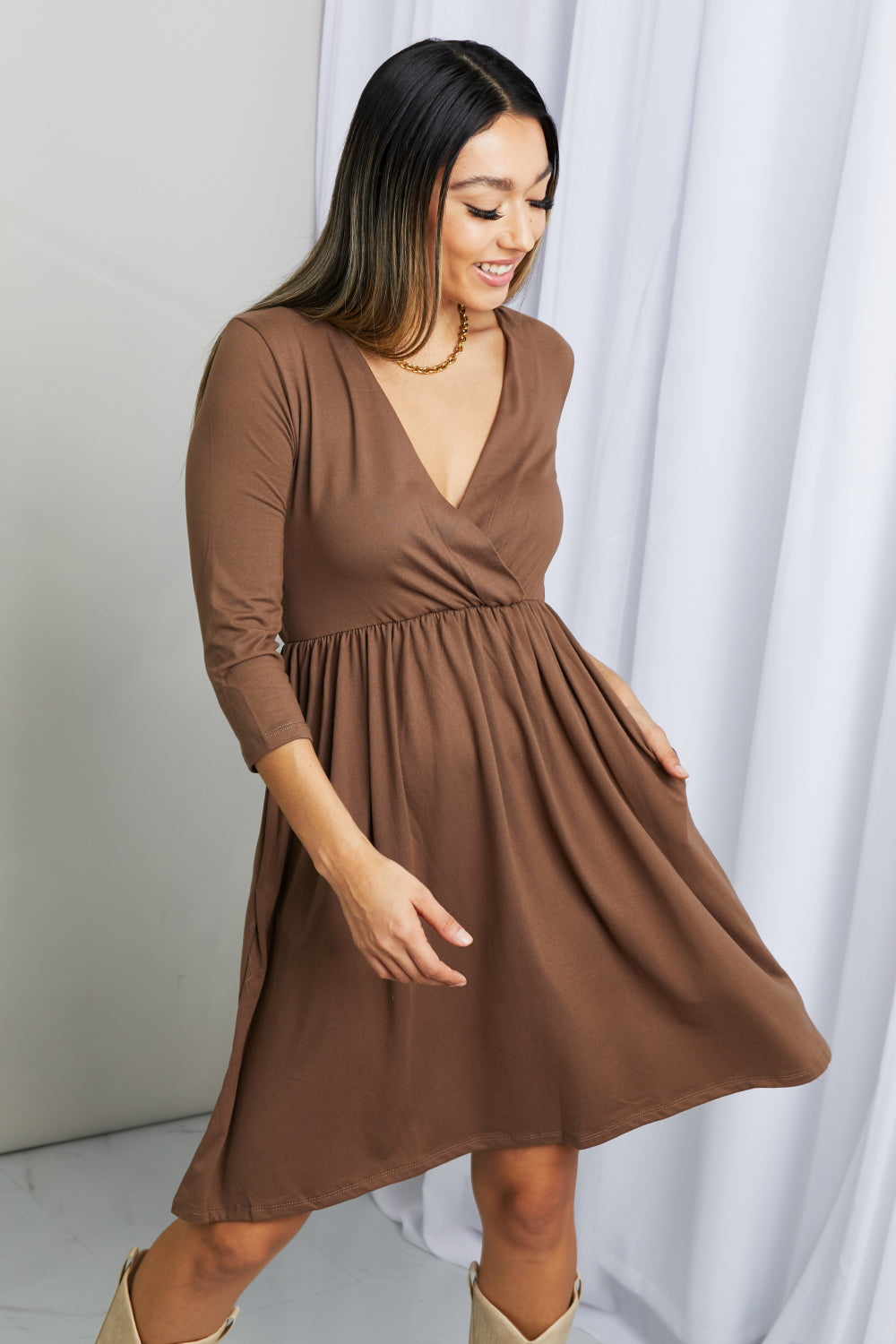 Zenana Three-Quarter Sleeve Surplice Dress with Pockets in Mocha