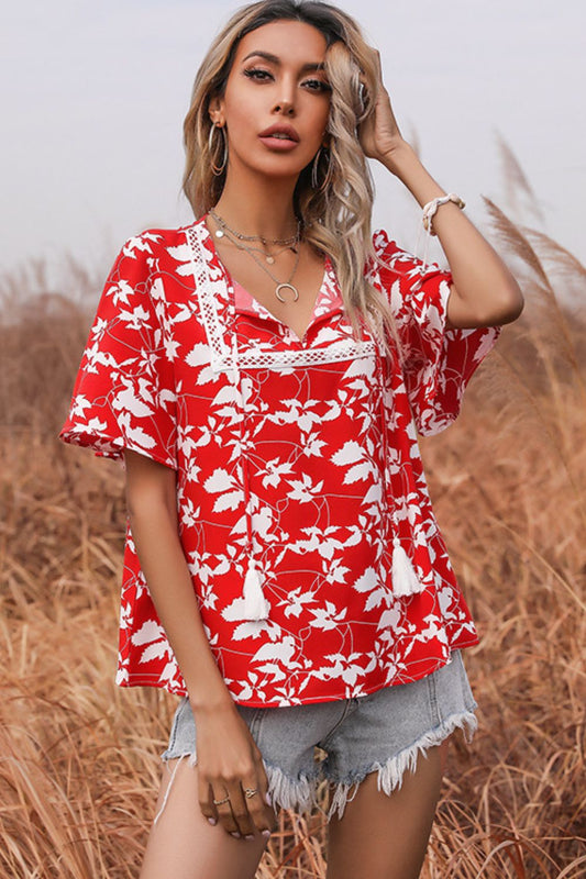 Printed Tie-Neck Tassel Lace Detail Blouse