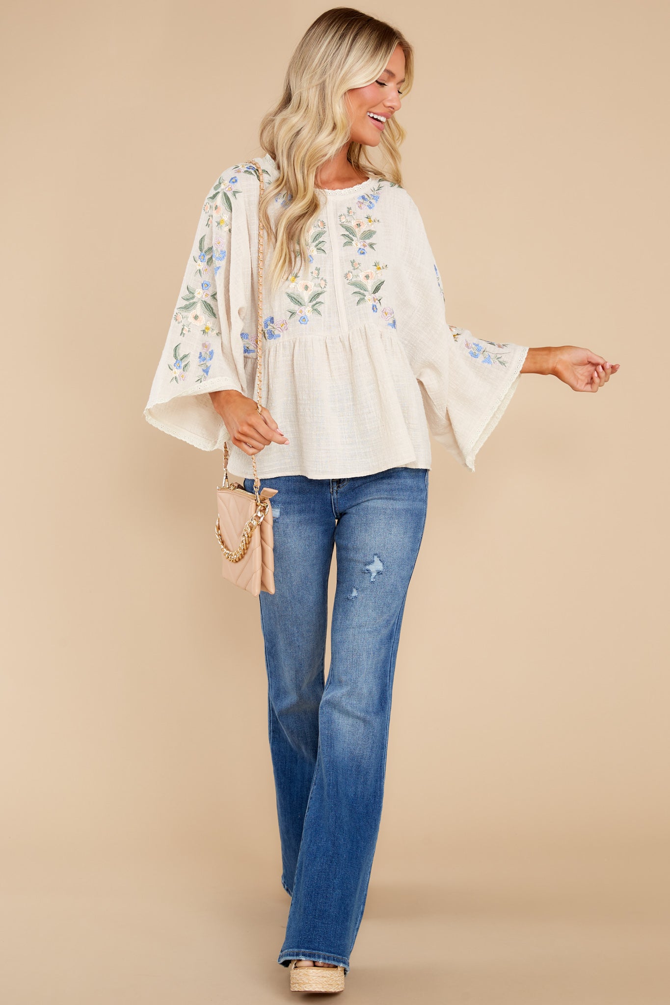 Keep Calm Beige Floral Print Embroidered Top
