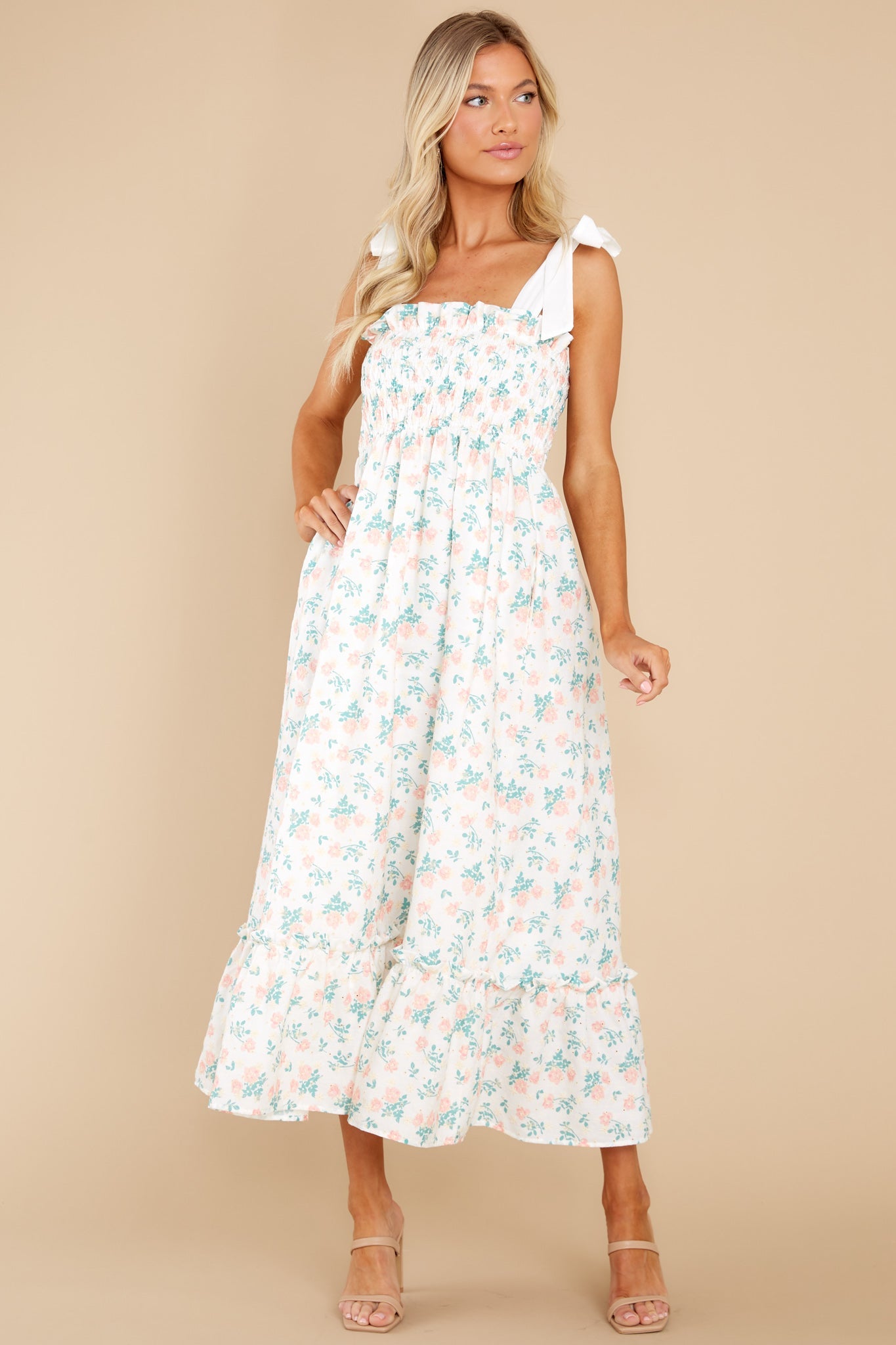 Camera Shy Peach Floral Print Cotton Midi Dress