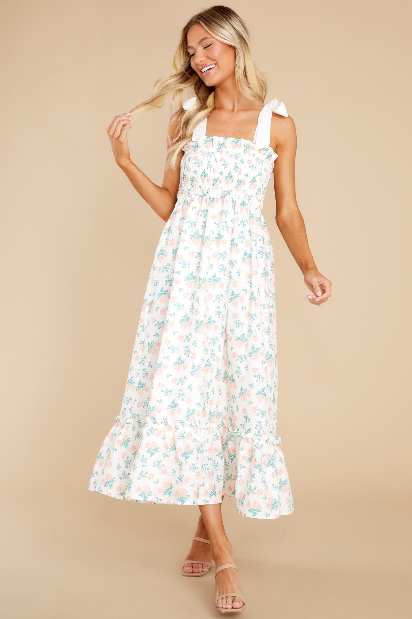 Camera Shy Peach Floral Print Cotton Midi Dress