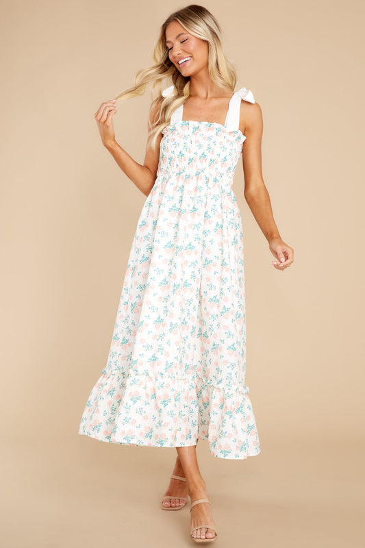 Camera Shy Peach Floral Print Cotton Midi Dress