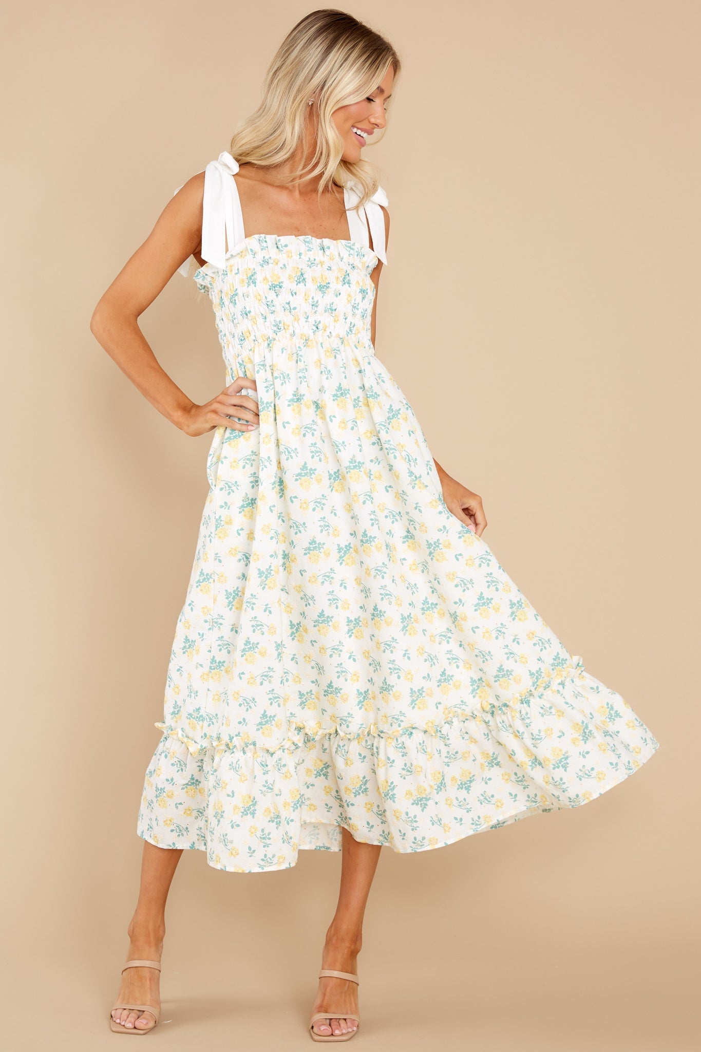 Camera Shy Yellow Floral Print Cotton Midi Dress