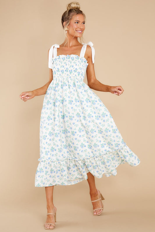 Camera Shy Blue Floral Print Midi Dress
