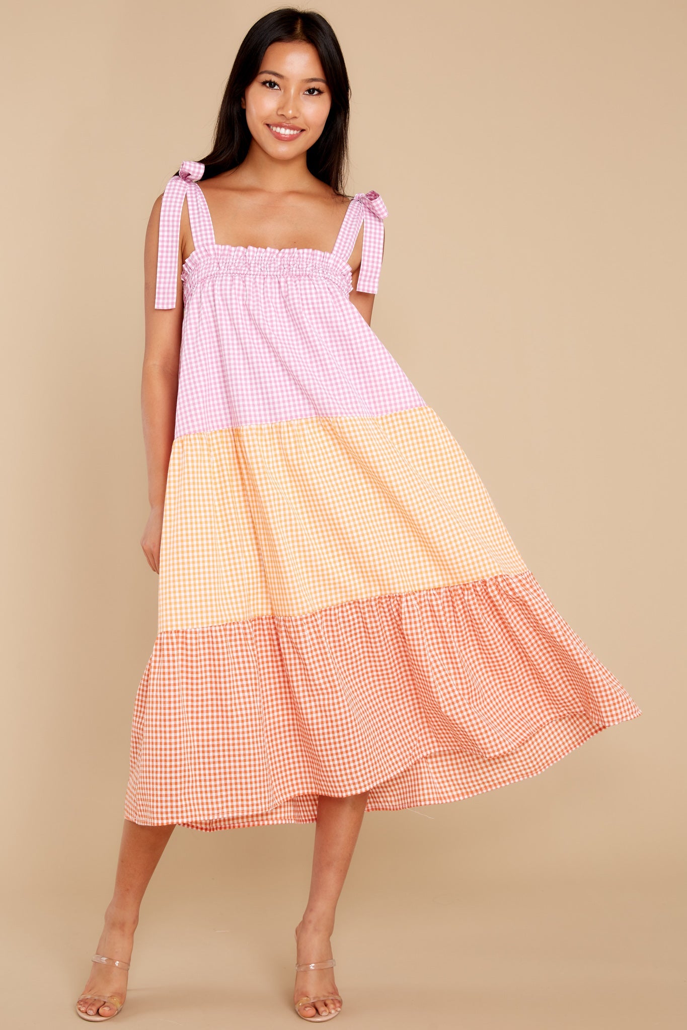 Delight Yourself Pink Multi Gingham Midi Dress
