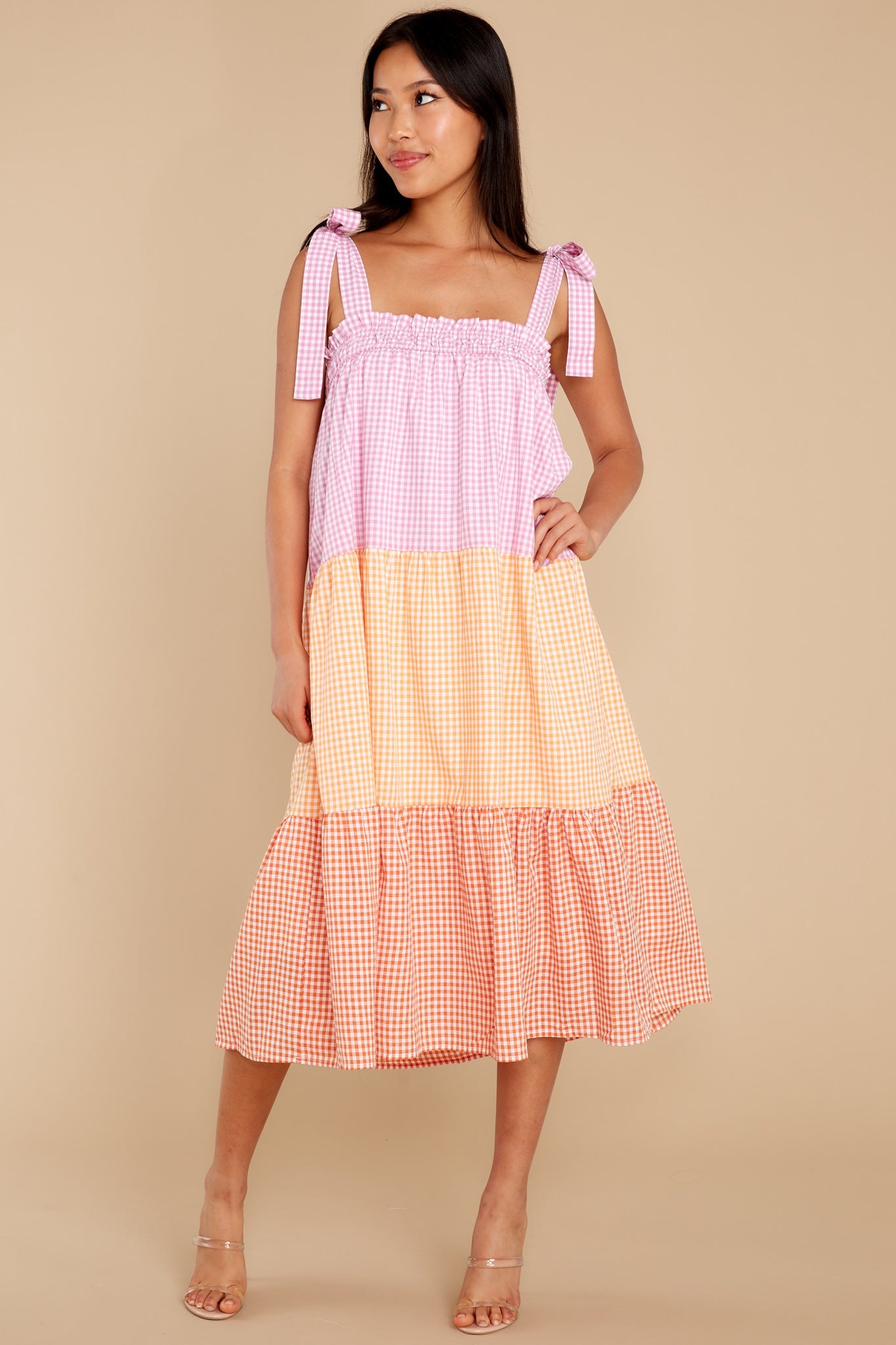Delight Yourself Pink Multi Gingham Midi Dress