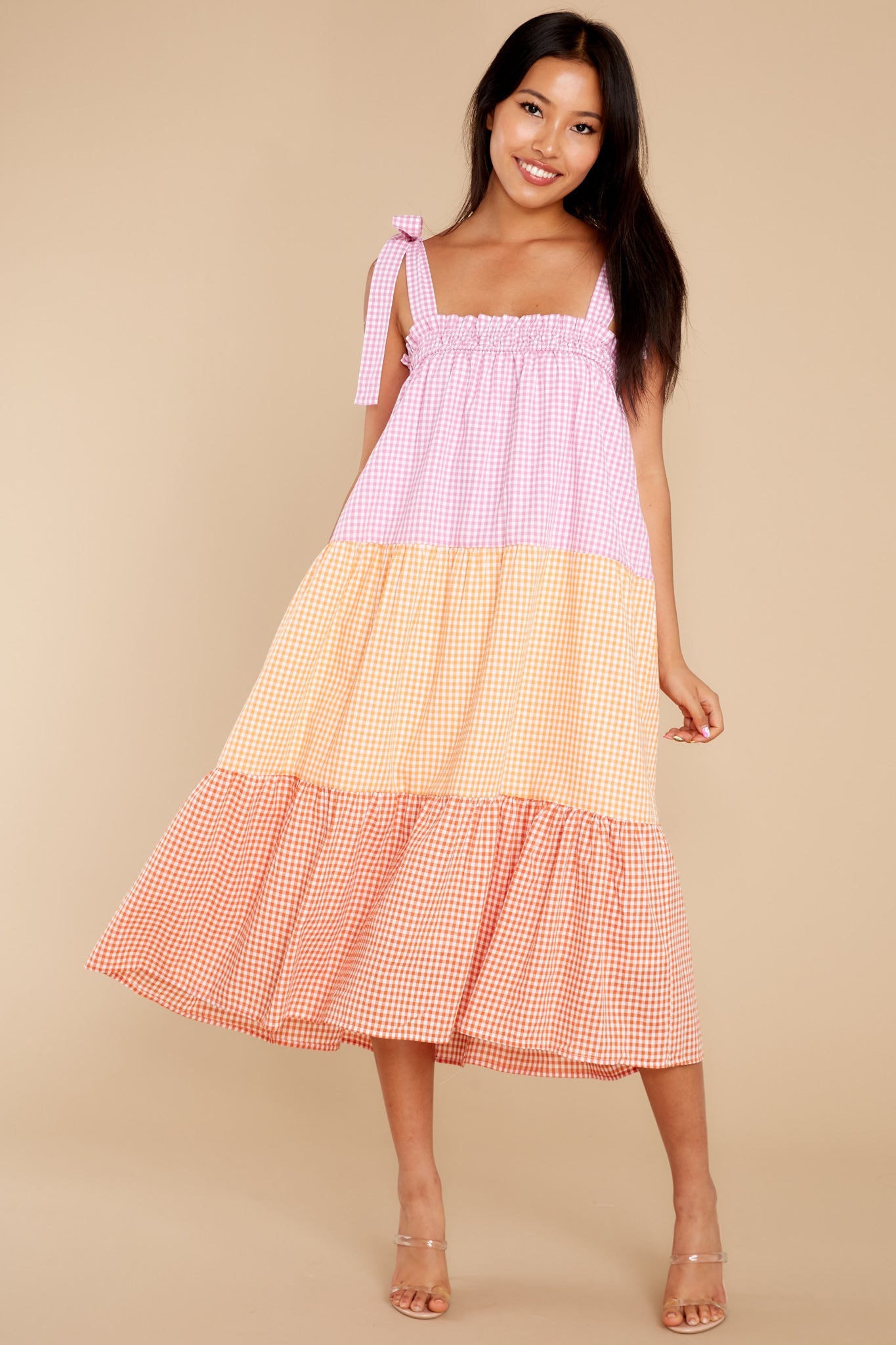 Delight Yourself Pink Multi Gingham Midi Dress