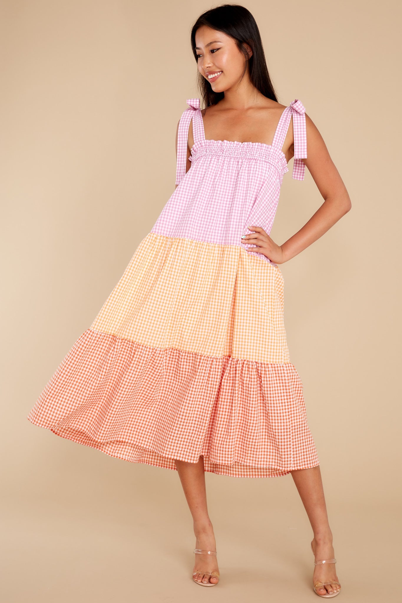 Delight Yourself Pink Multi Gingham Midi Dress