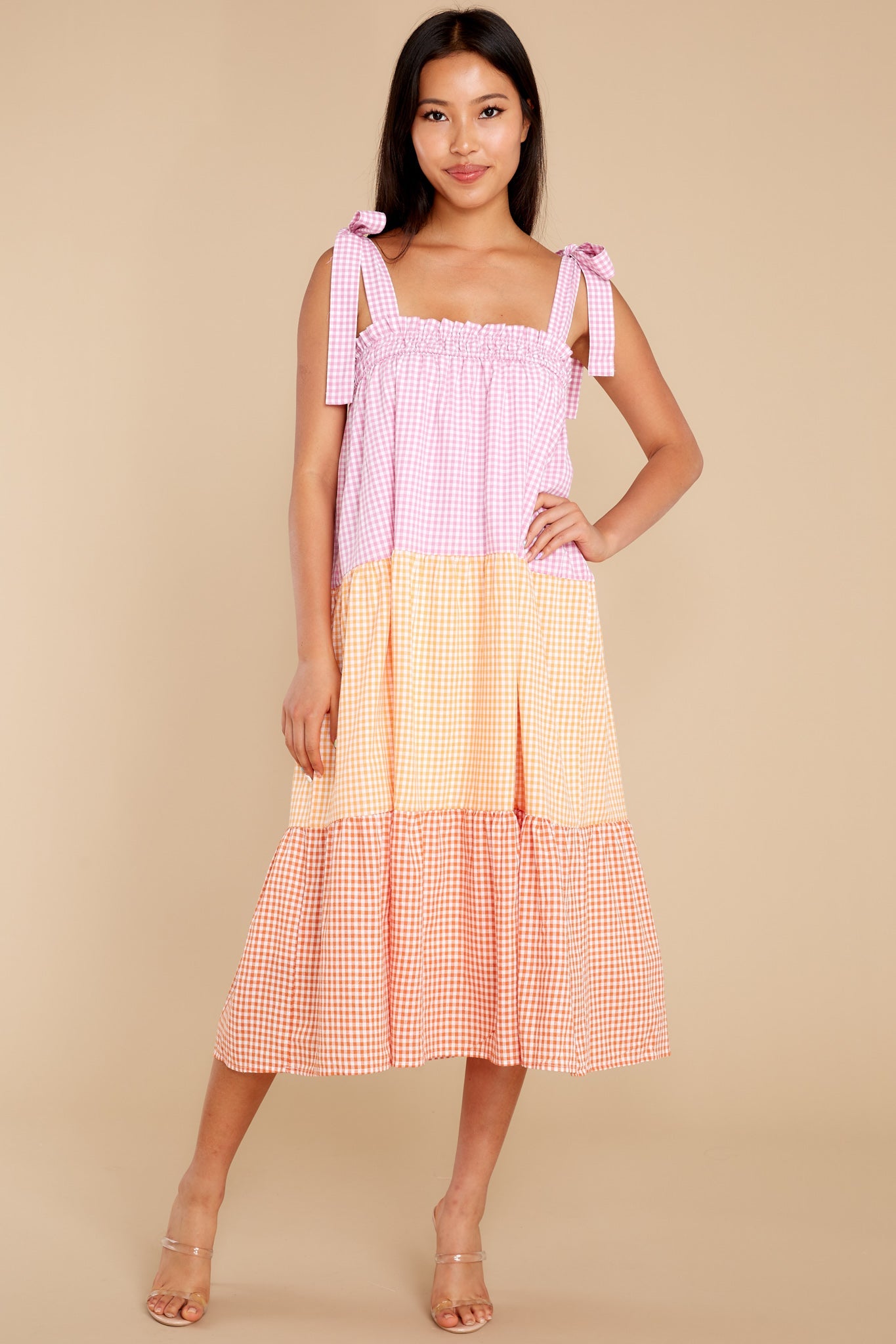 Delight Yourself Pink Multi Gingham Midi Dress