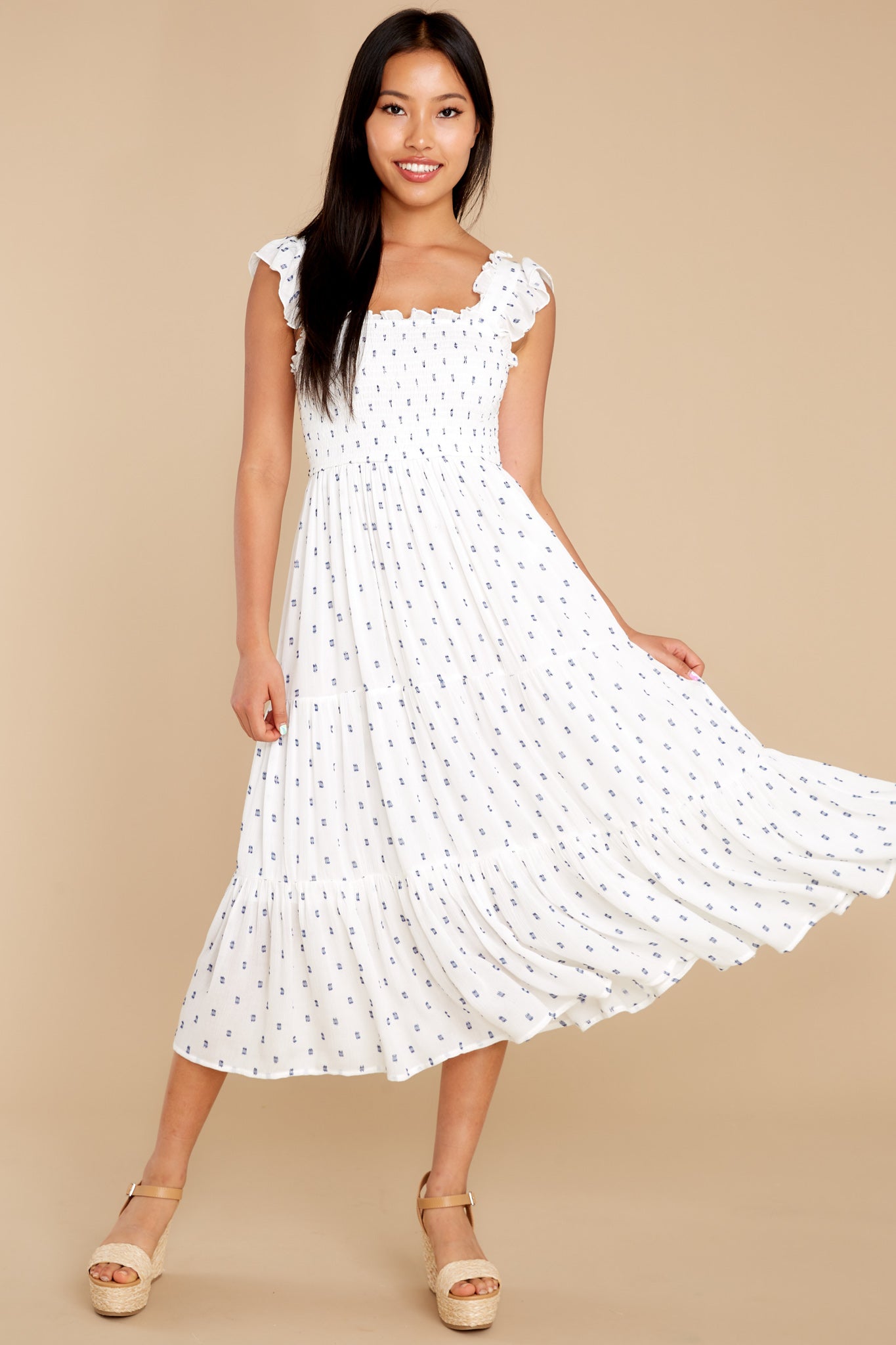 Sounds Of Silence White And Navy Dot Ruffle Midi Dress