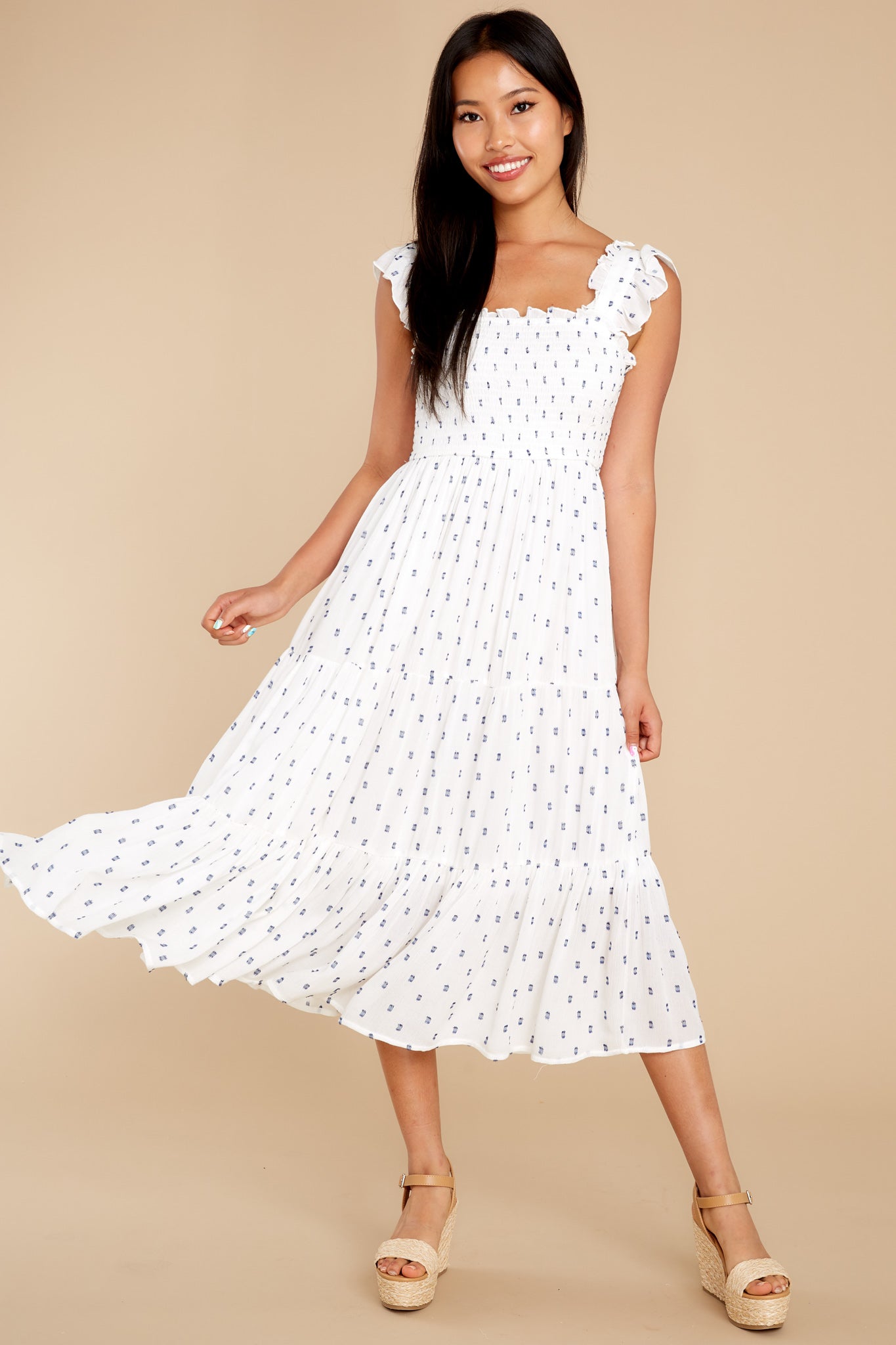 Sounds Of Silence White And Navy Dot Ruffle Midi Dress