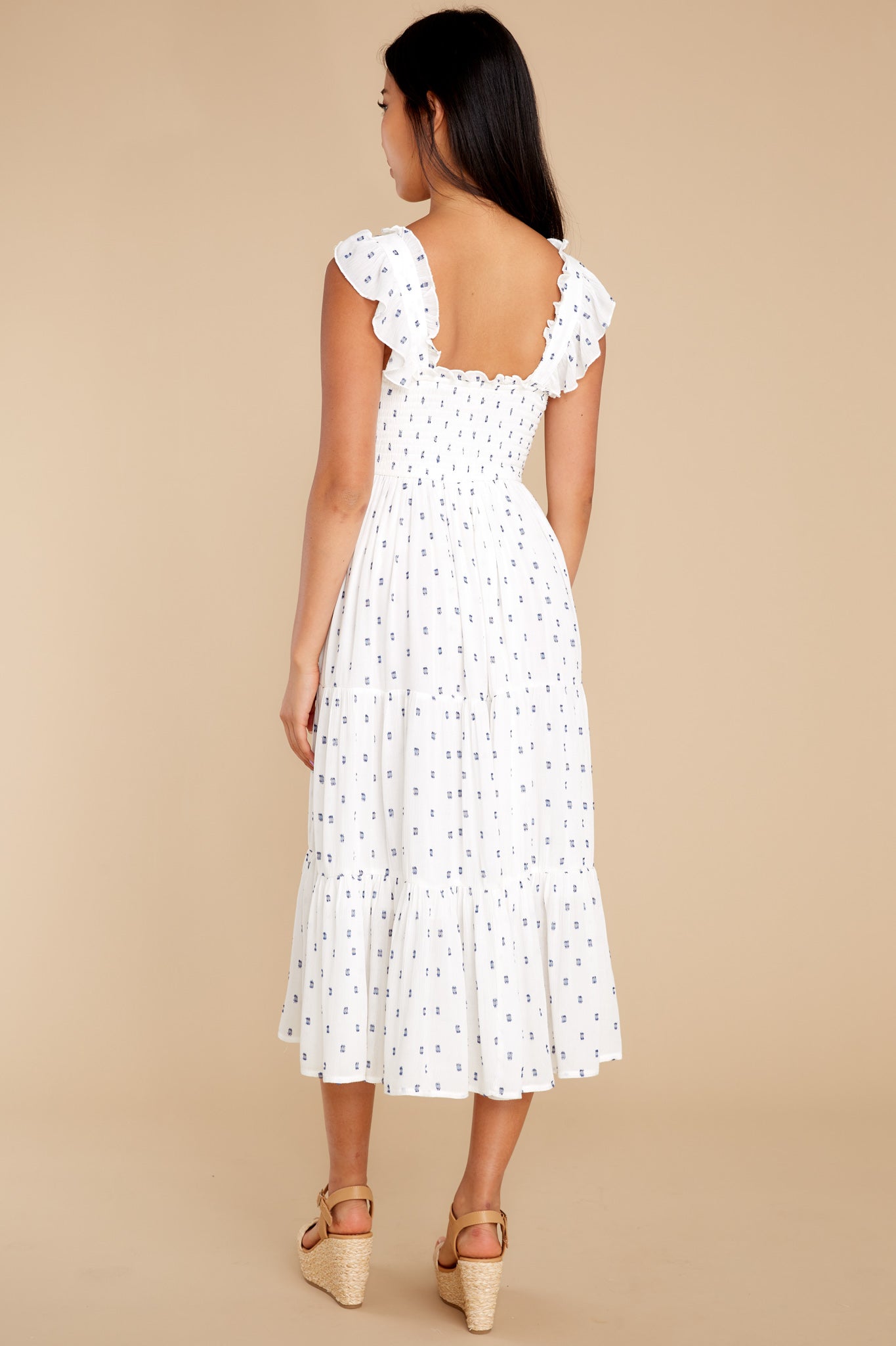 Sounds Of Silence White And Navy Dot Ruffle Midi Dress