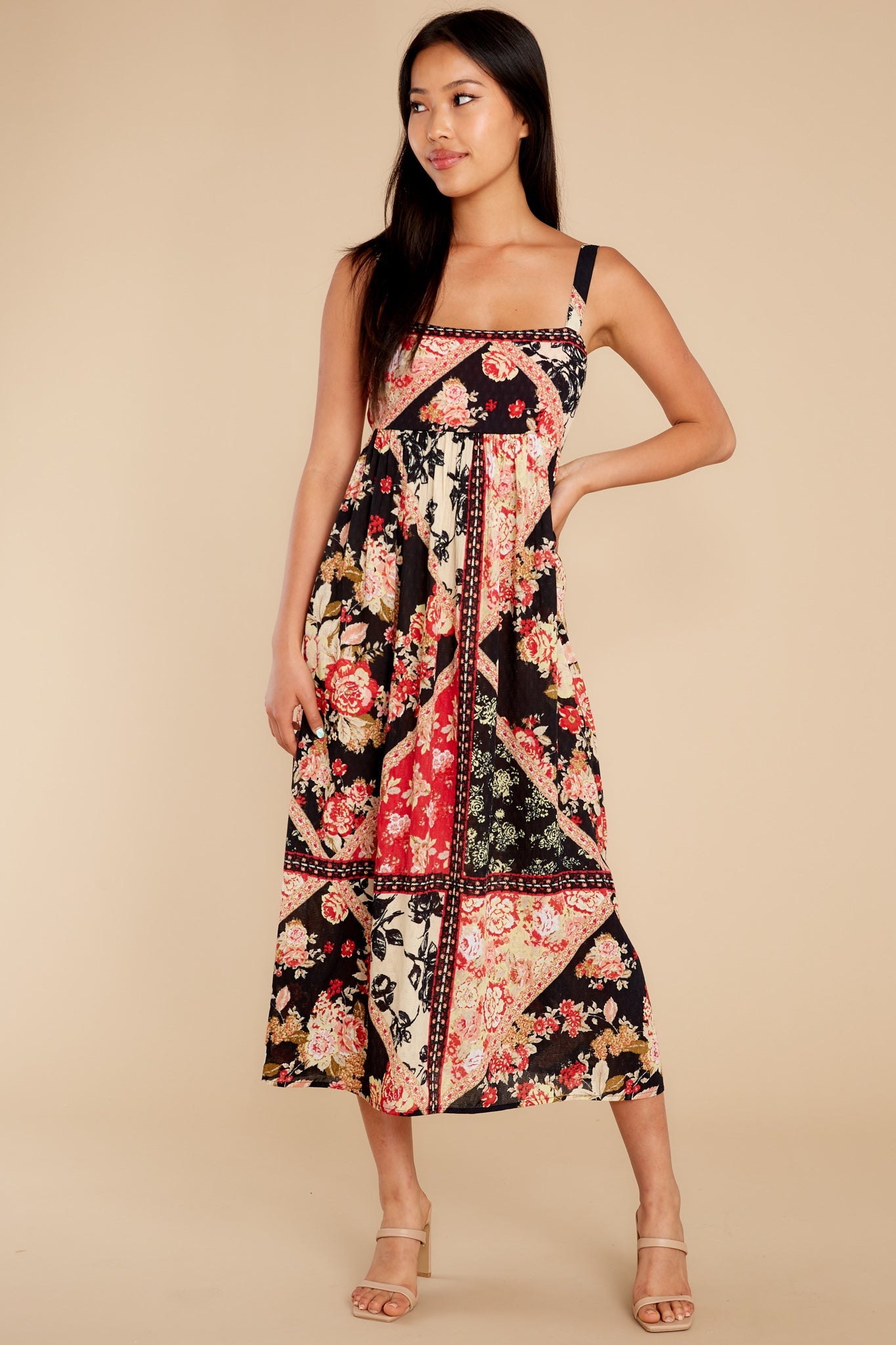 Anthem Of The Sun Black And Spiced Coral Floral Smock Maxi Dress