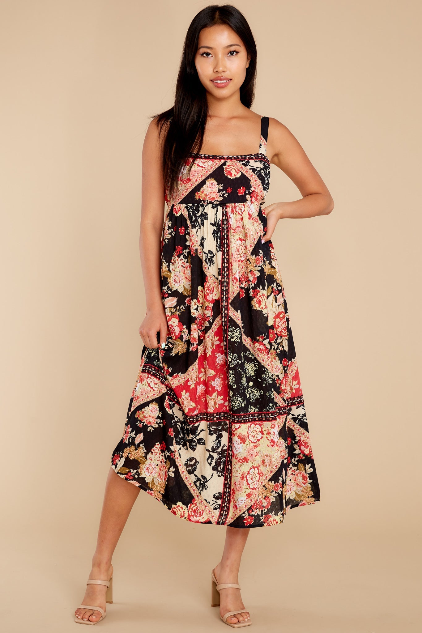 Anthem Of The Sun Black And Spiced Coral Floral Smock Maxi Dress