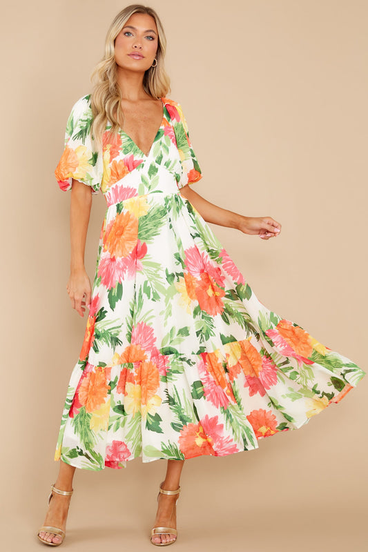 Darling Buds Ivory Multi Floral Print Midi Dress