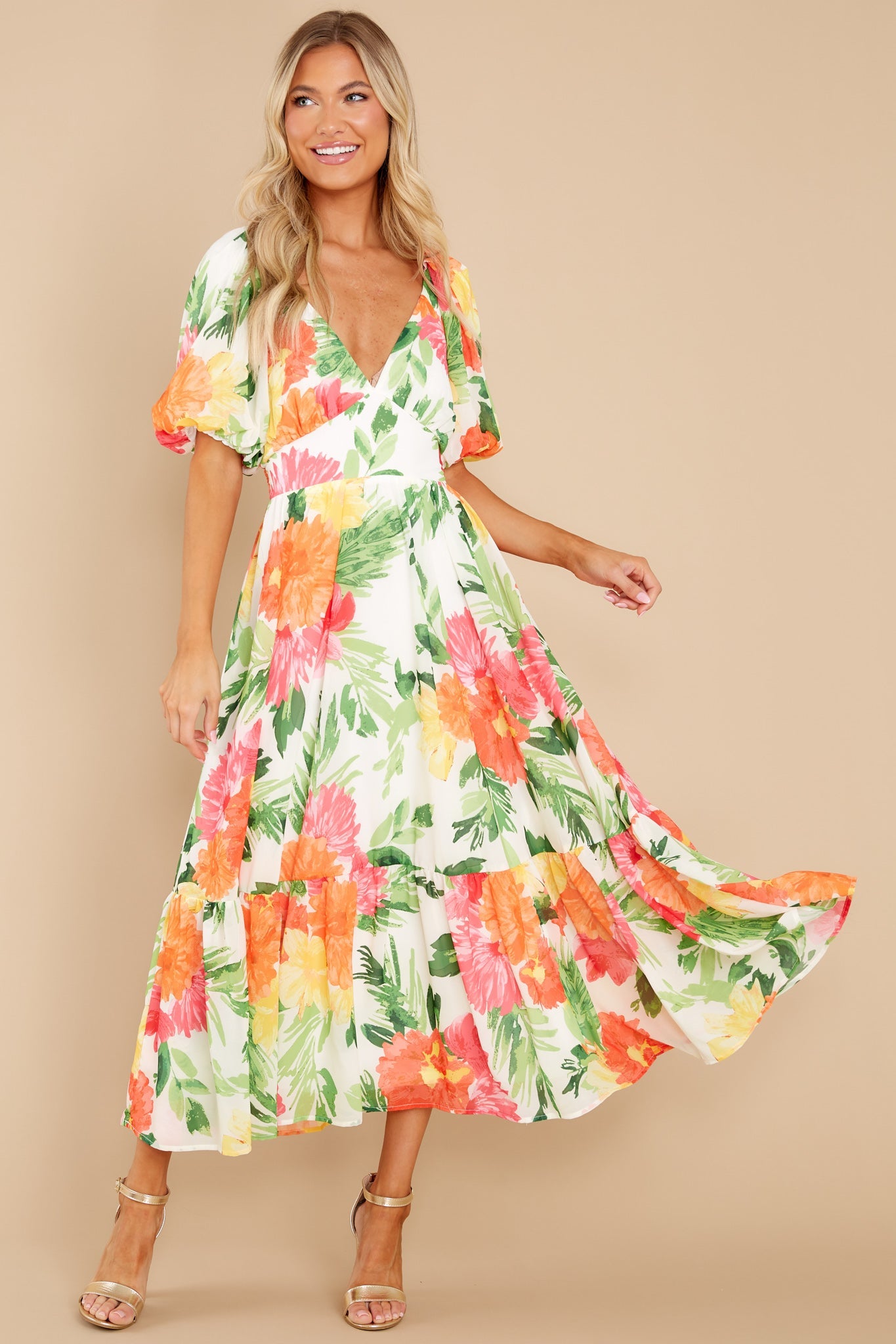 Darling Buds Ivory Multi Floral Print Midi Dress