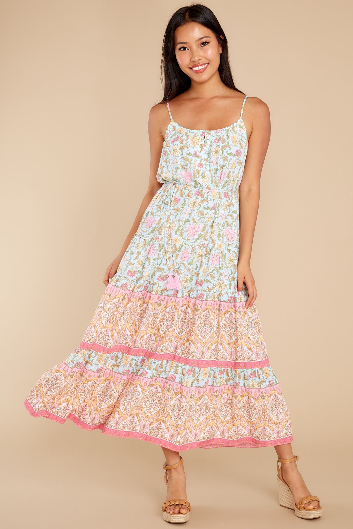 Hibiscus Sunsets Light Blue Floral Print Midi Dress