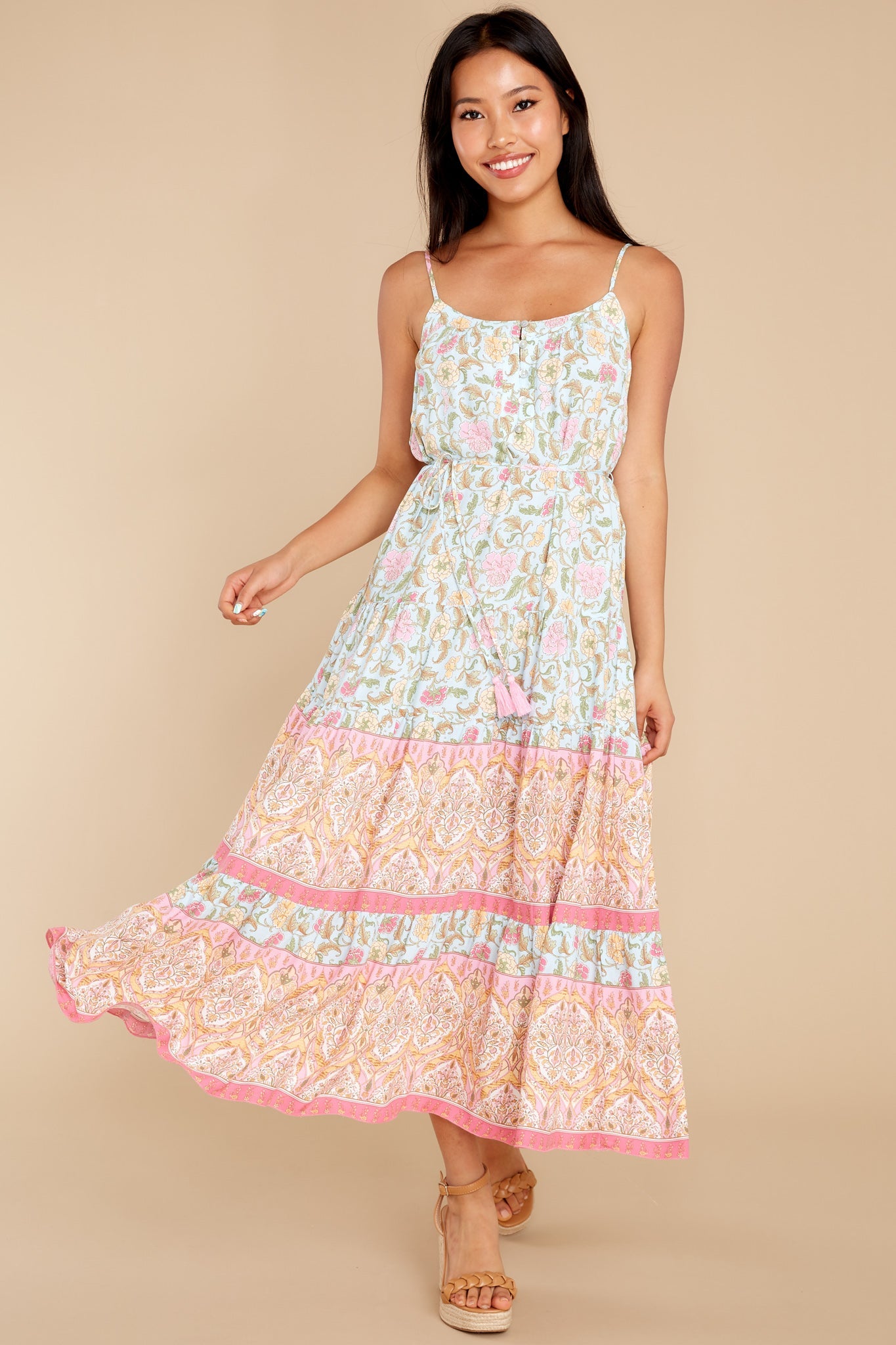 Hibiscus Sunsets Light Blue Floral Print Midi Dress