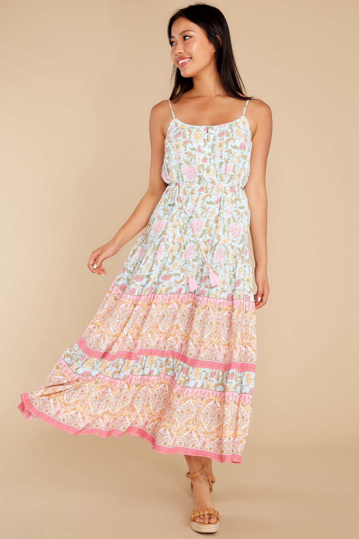 Hibiscus Sunsets Light Blue Floral Print Midi Dress