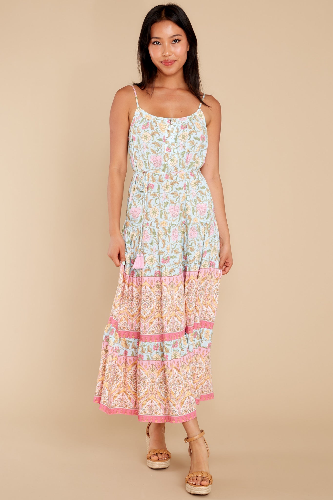 Hibiscus Sunsets Light Blue Floral Print Midi Dress