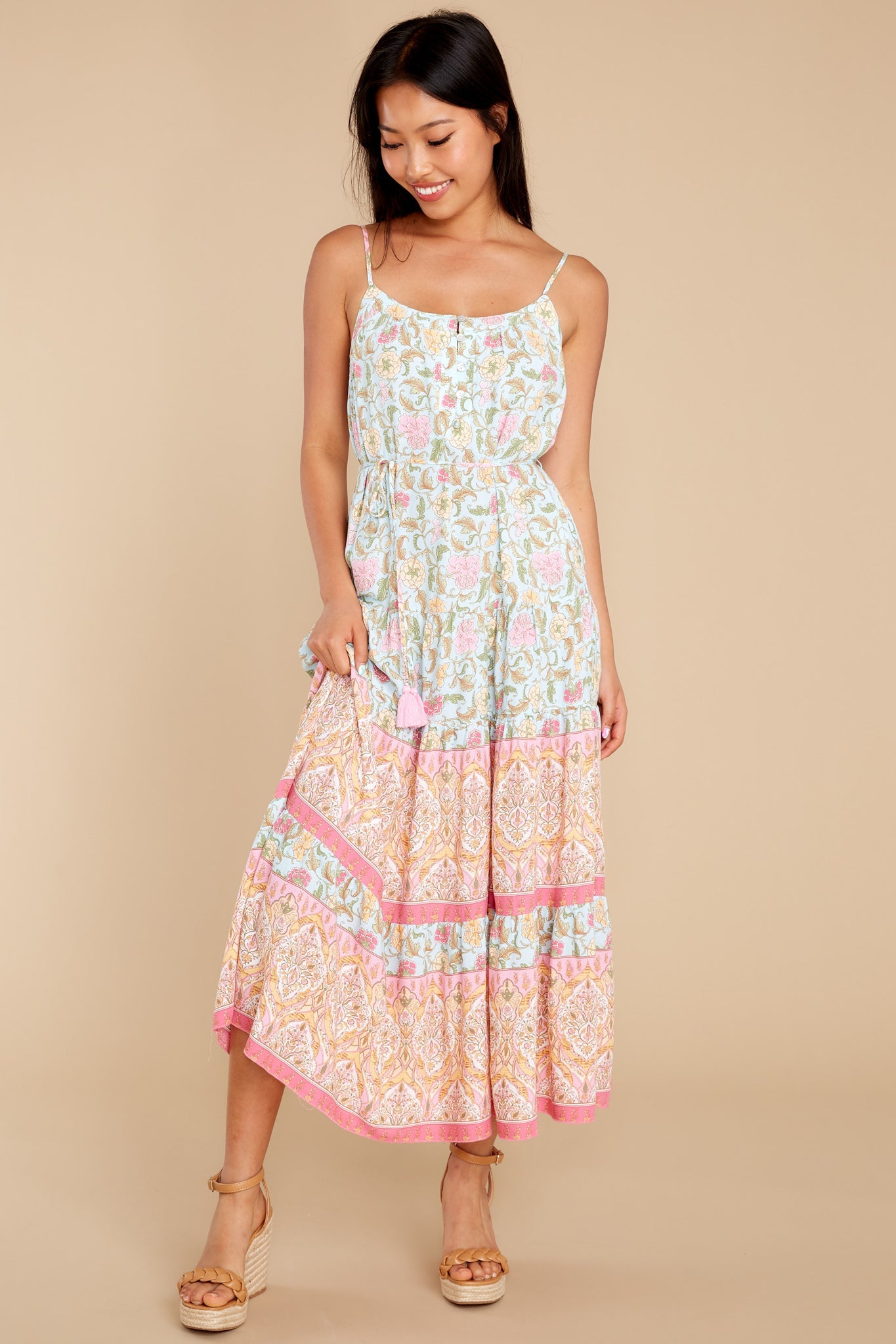 Hibiscus Sunsets Light Blue Floral Print Midi Dress