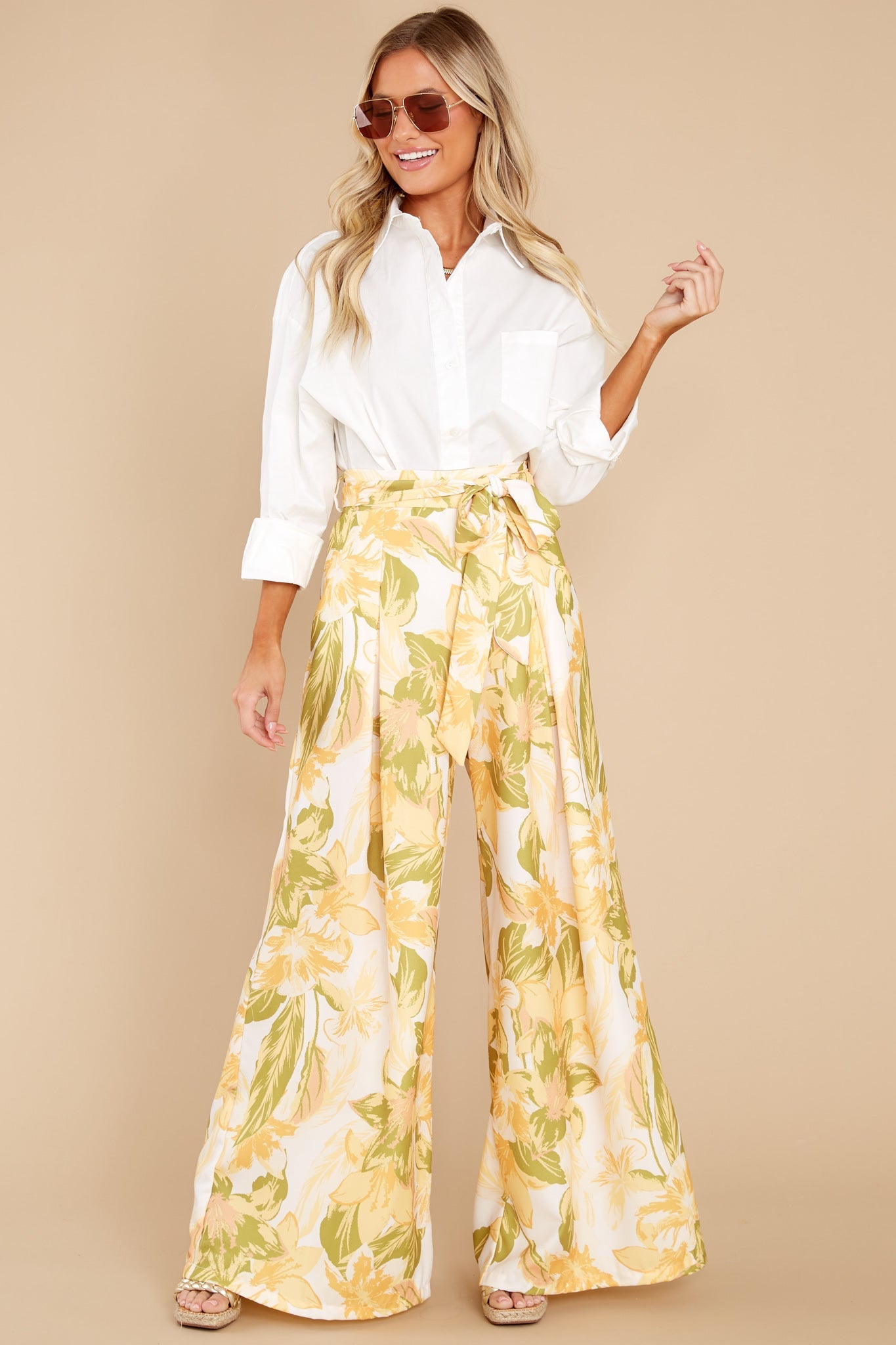 Season's Harmony Yellow Floral Print Pants
