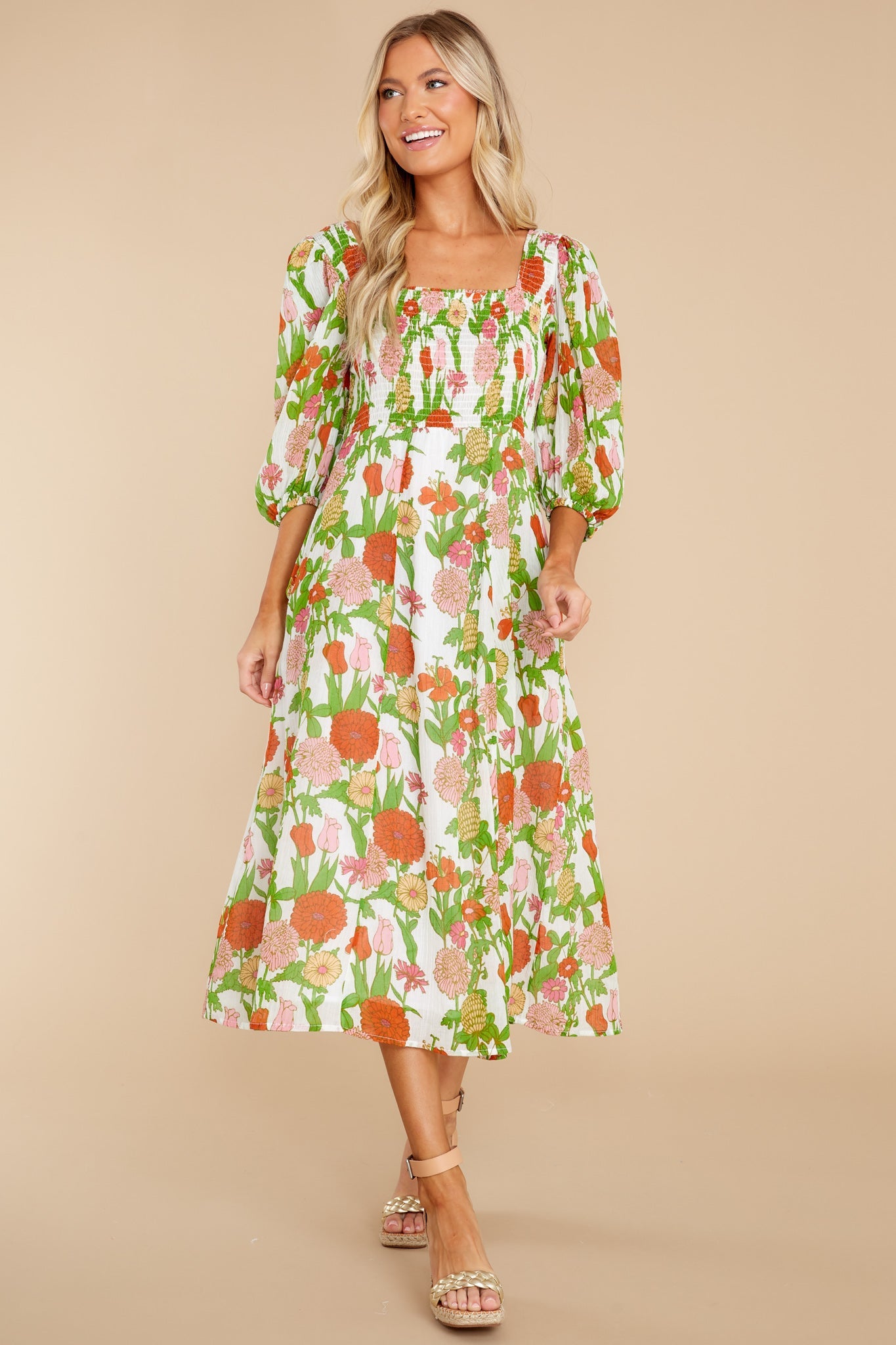 Bridget Mod Floral Melon Midi Dress