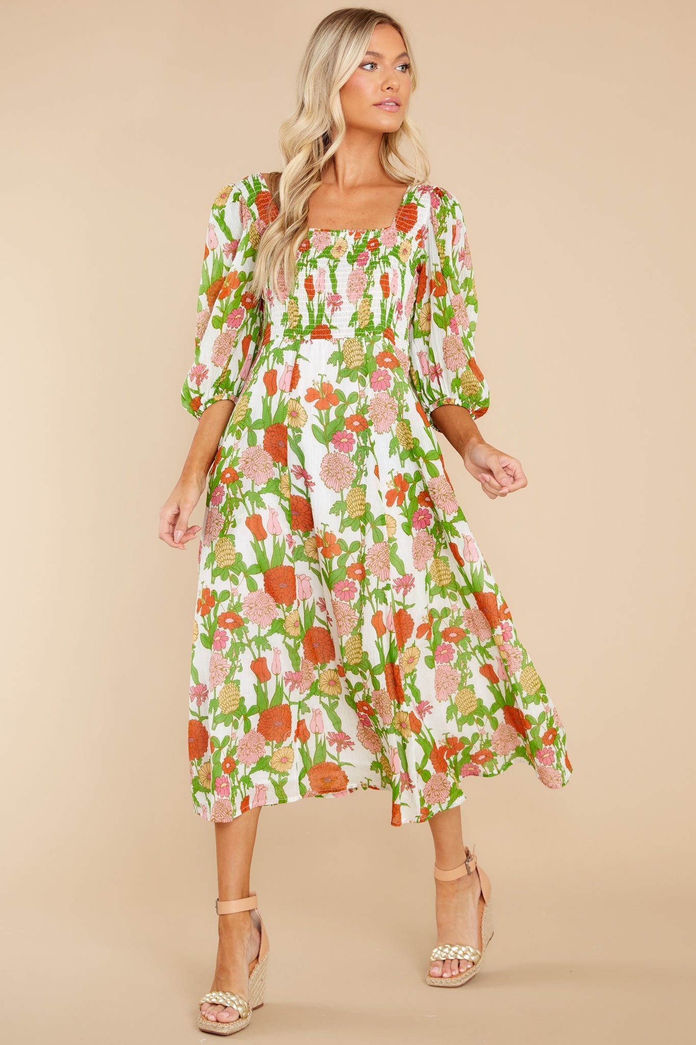 Bridget Mod Floral Melon Midi Dress