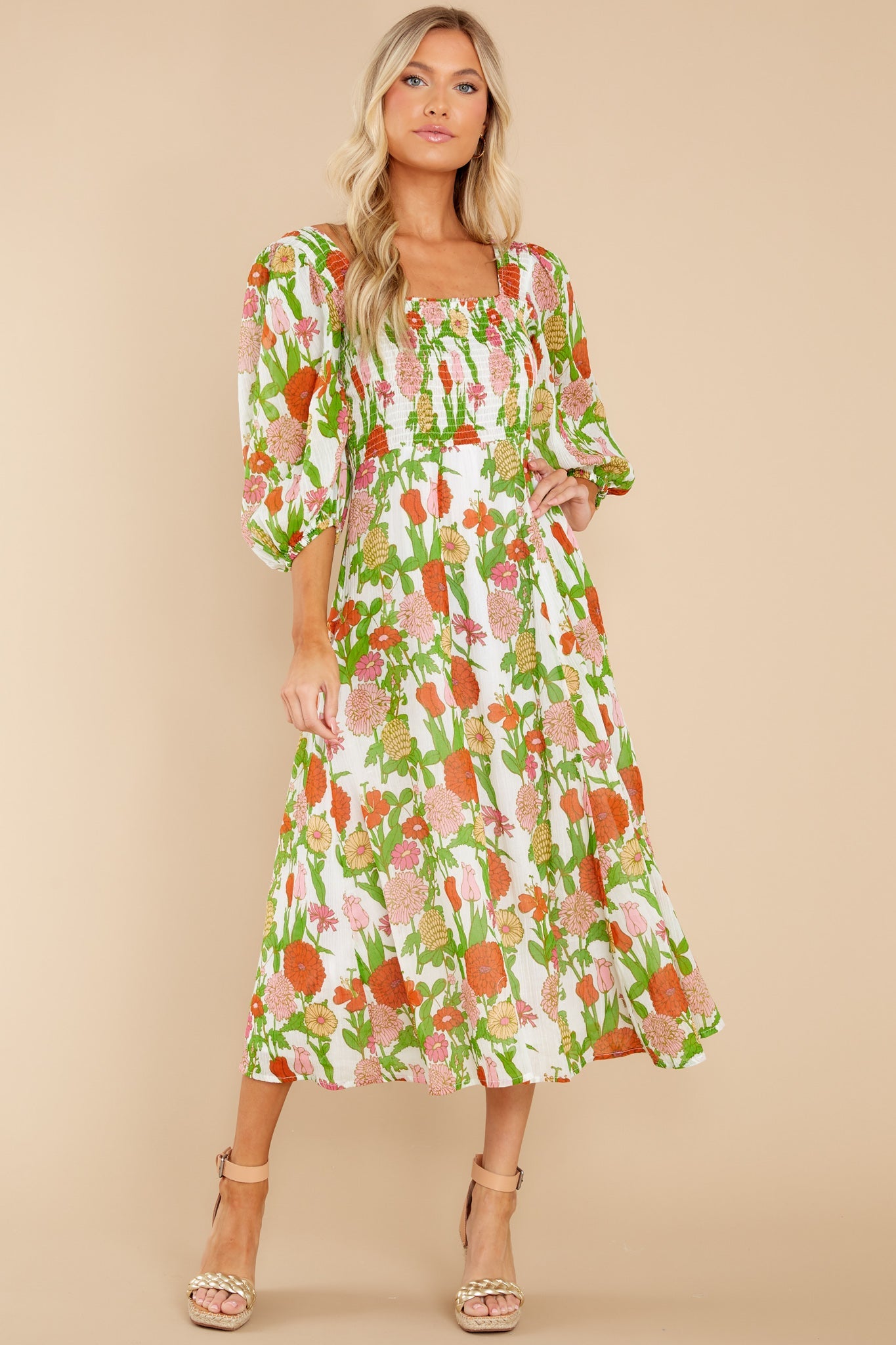 Bridget Mod Floral Melon Midi Dress