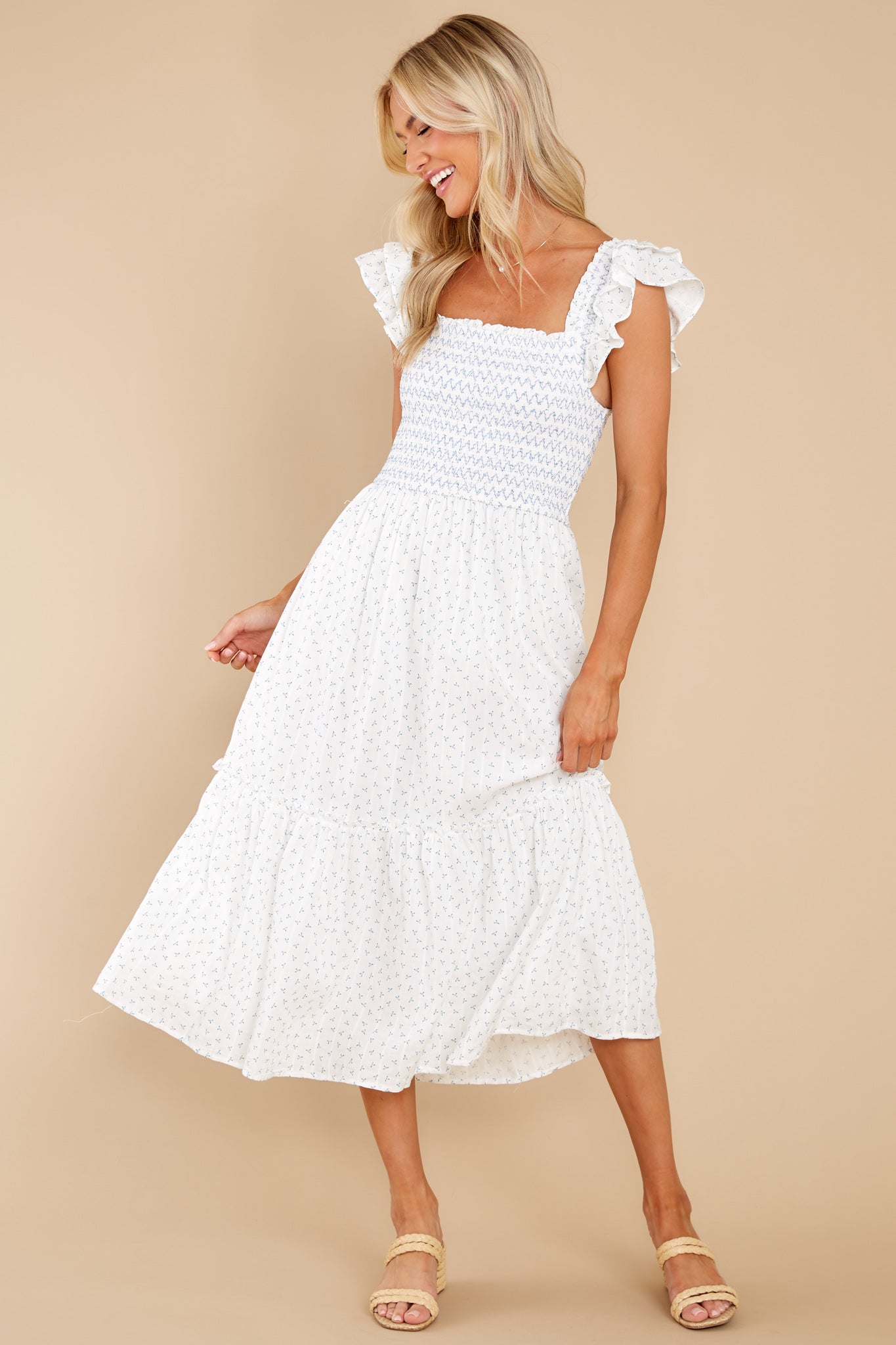 Peaceful Blooms White Floral Print Cotton Midi Dress