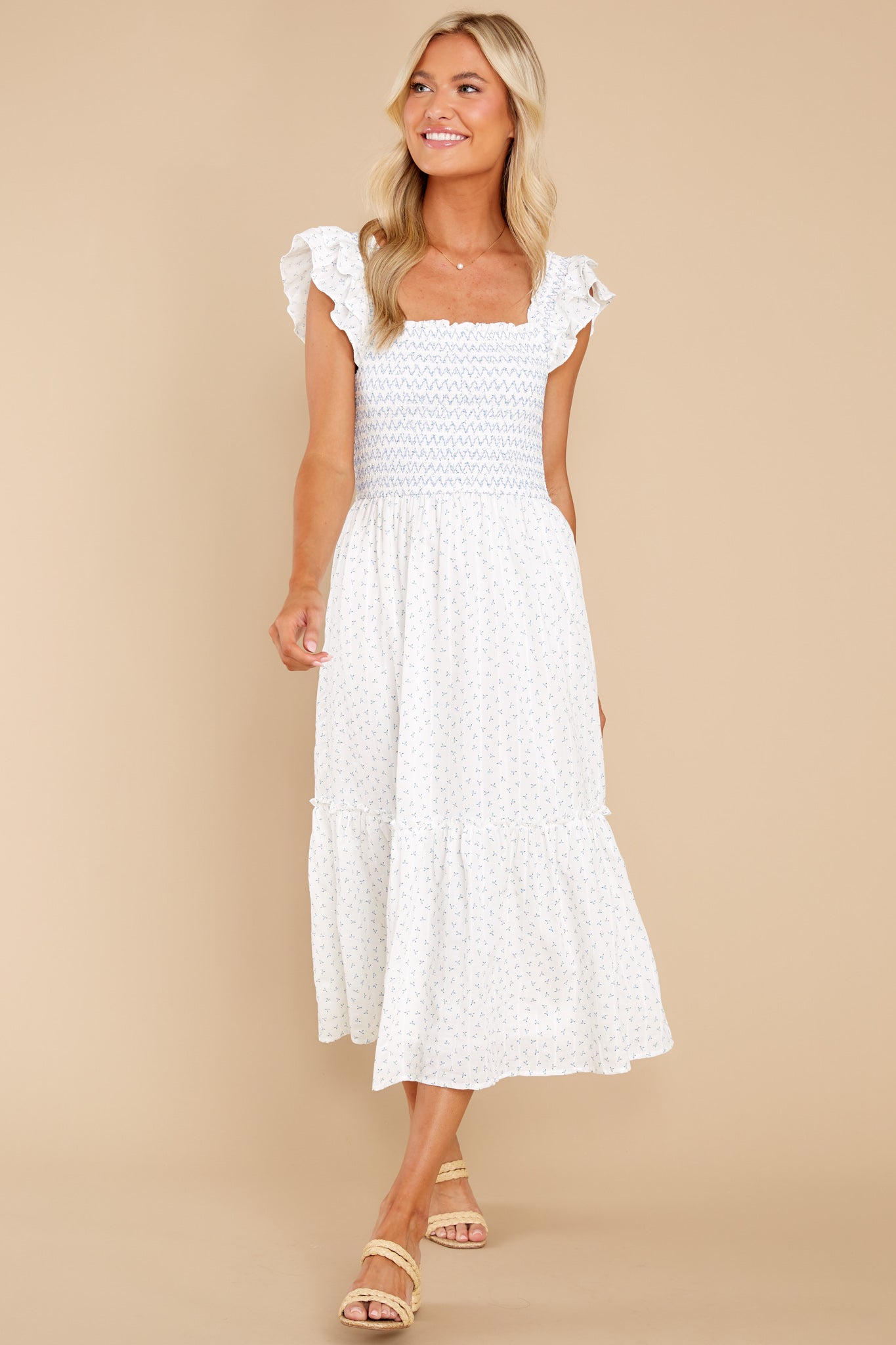 Peaceful Blooms White Floral Print Cotton Midi Dress