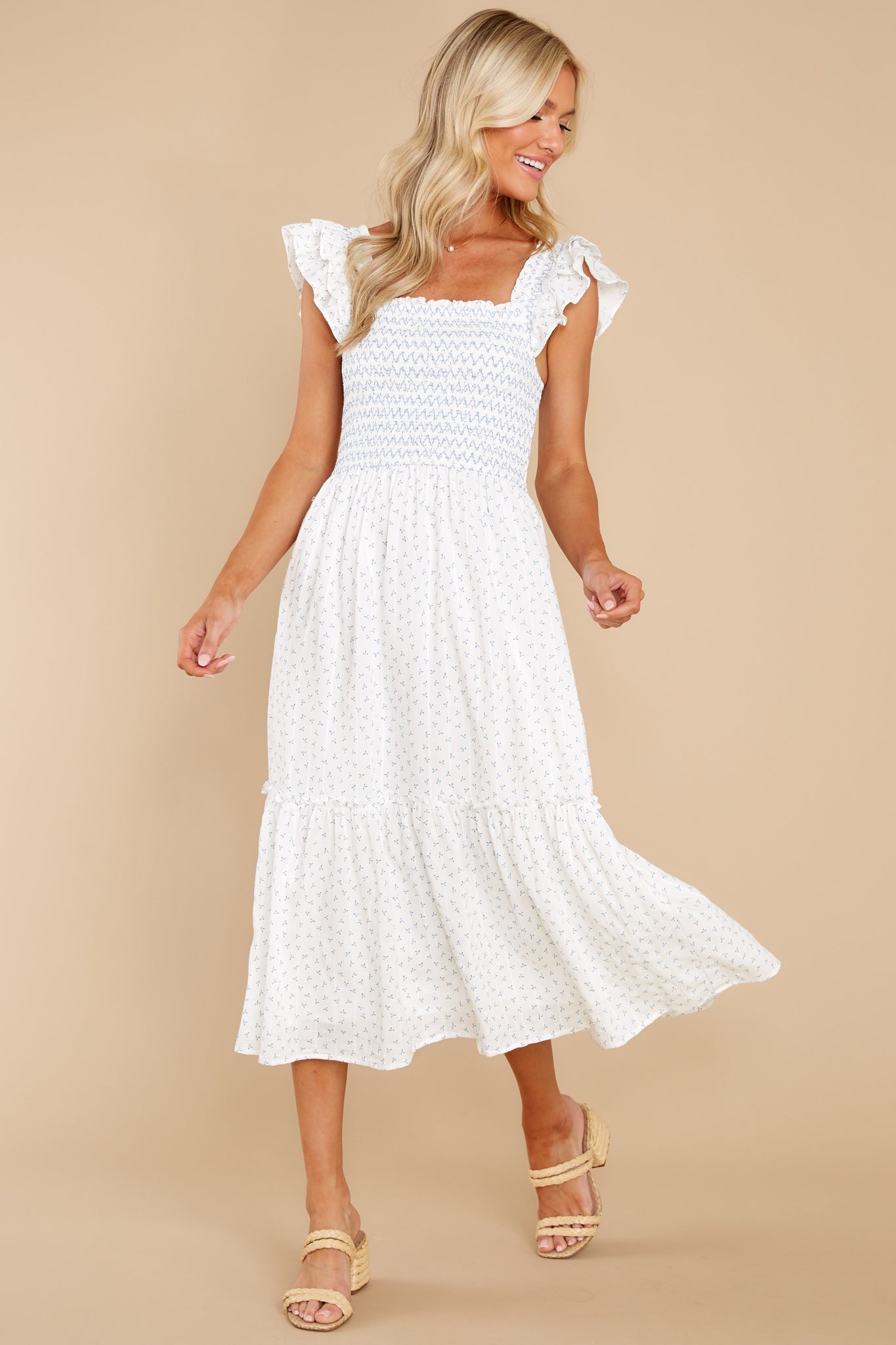 Peaceful Blooms White Floral Print Cotton Midi Dress