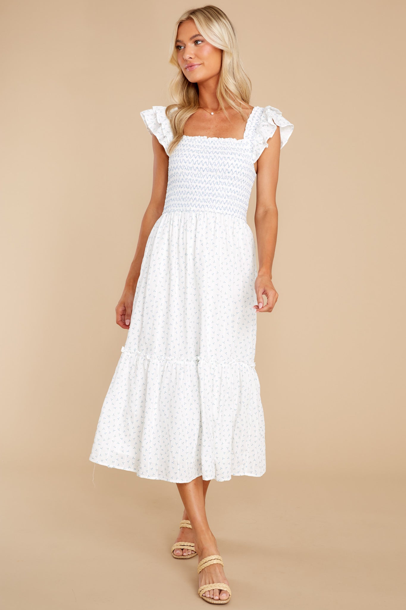 Peaceful Blooms White Floral Print Cotton Midi Dress