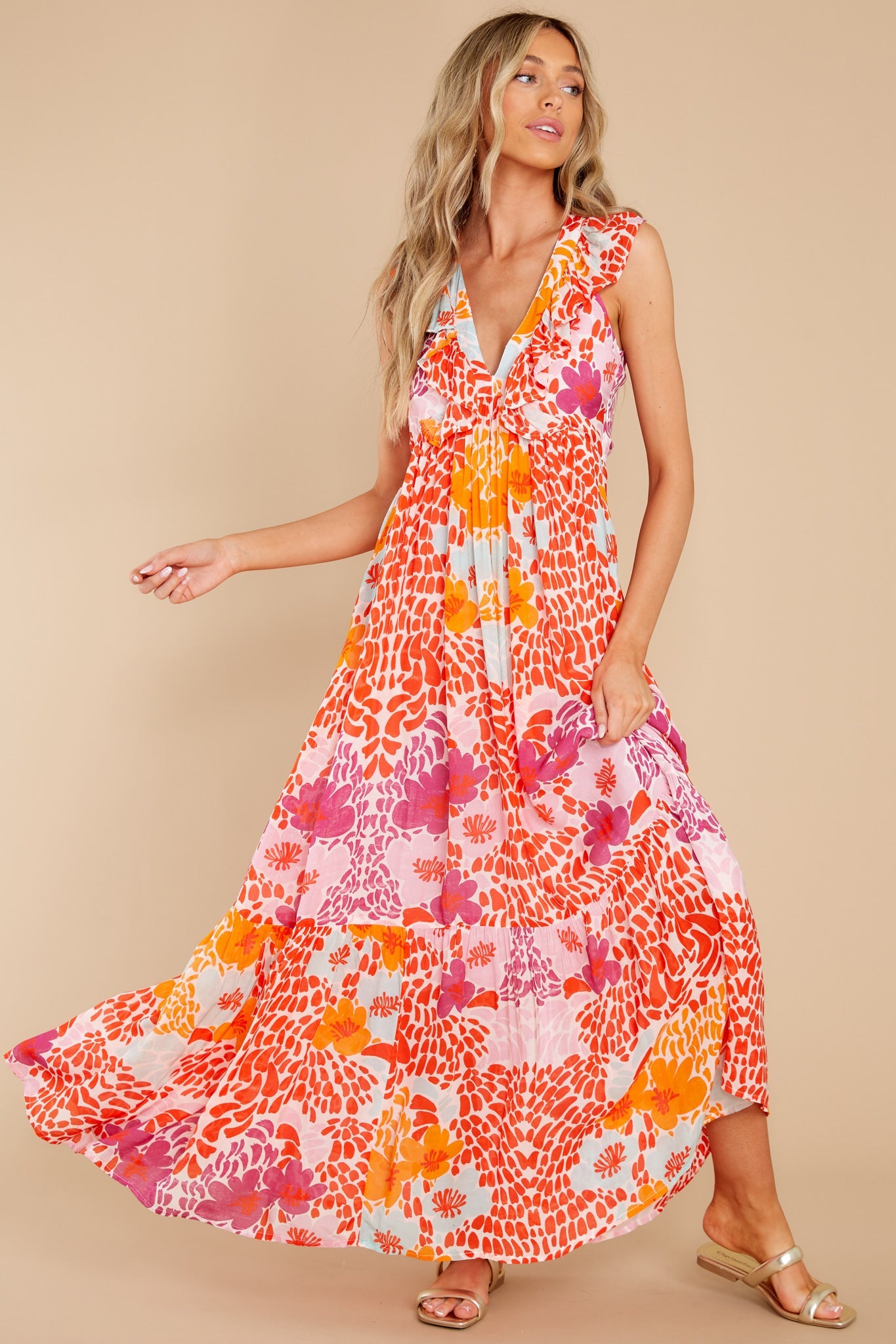 Antigua Orange Ruffle V-Neck Maxi Dress