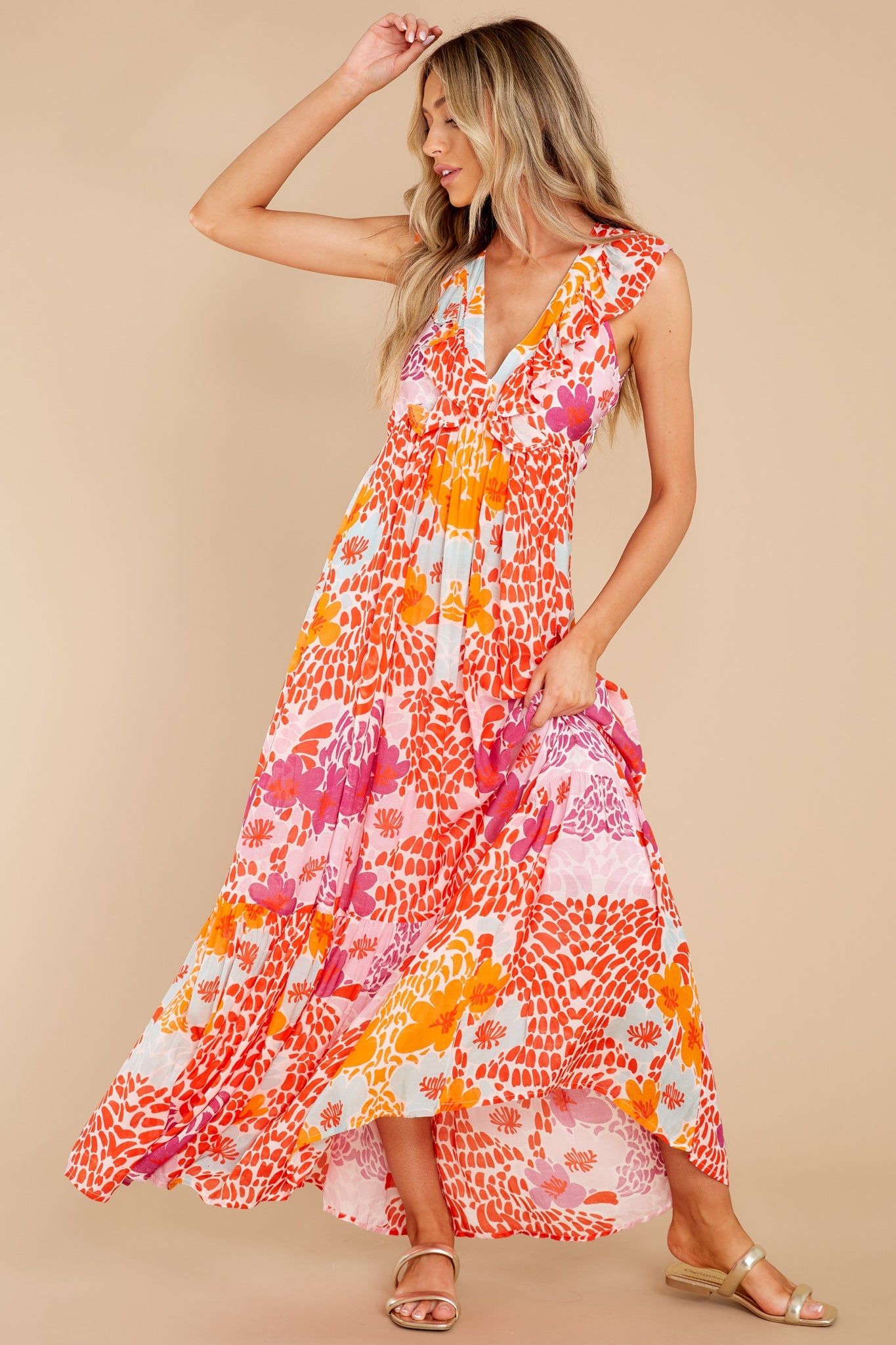 Antigua Orange Ruffle V-Neck Maxi Dress