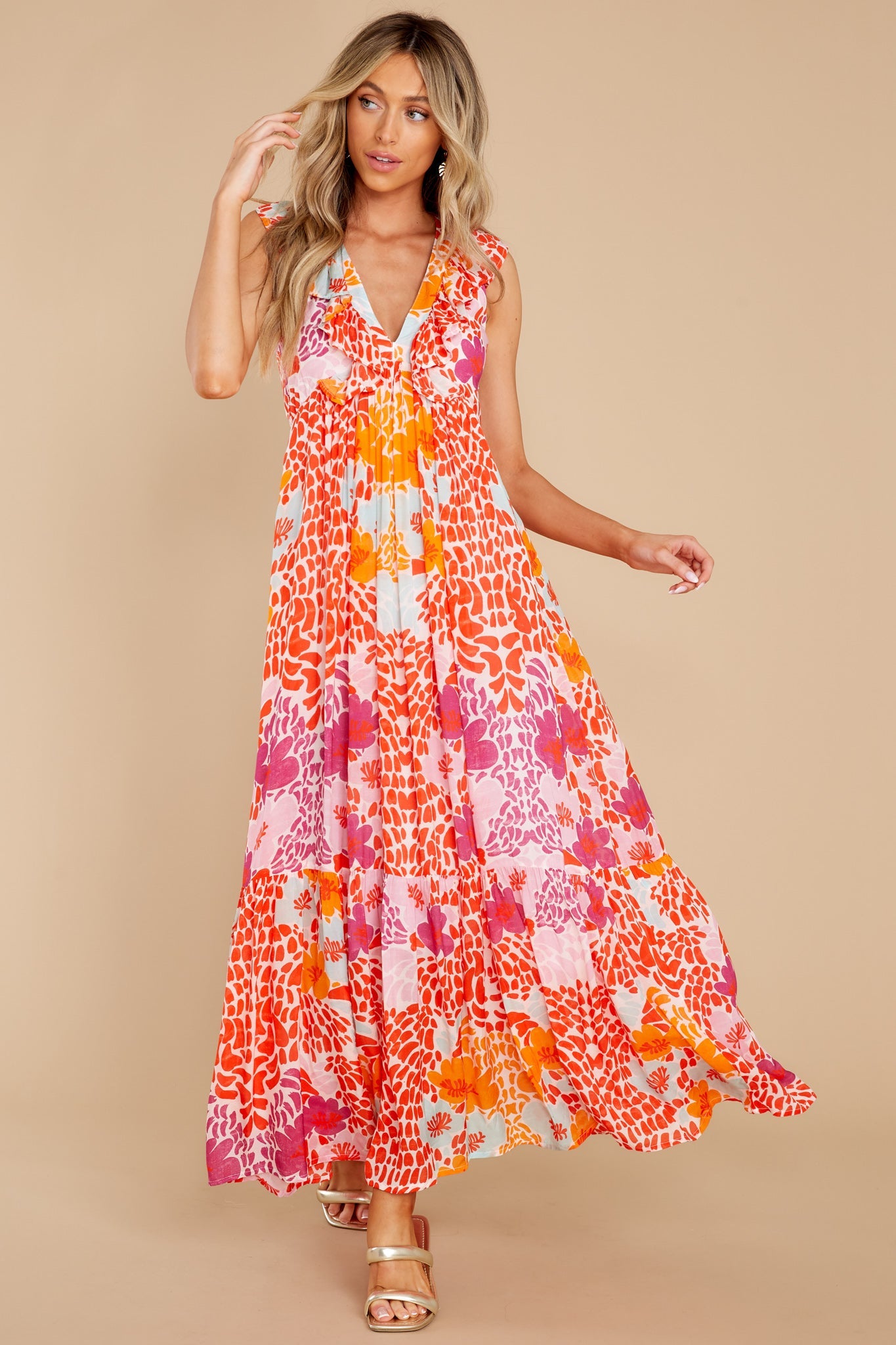 Antigua Orange Ruffle V-Neck Maxi Dress