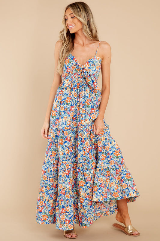 Home Free Blue Multi Floral Print Cotton Midi Dress